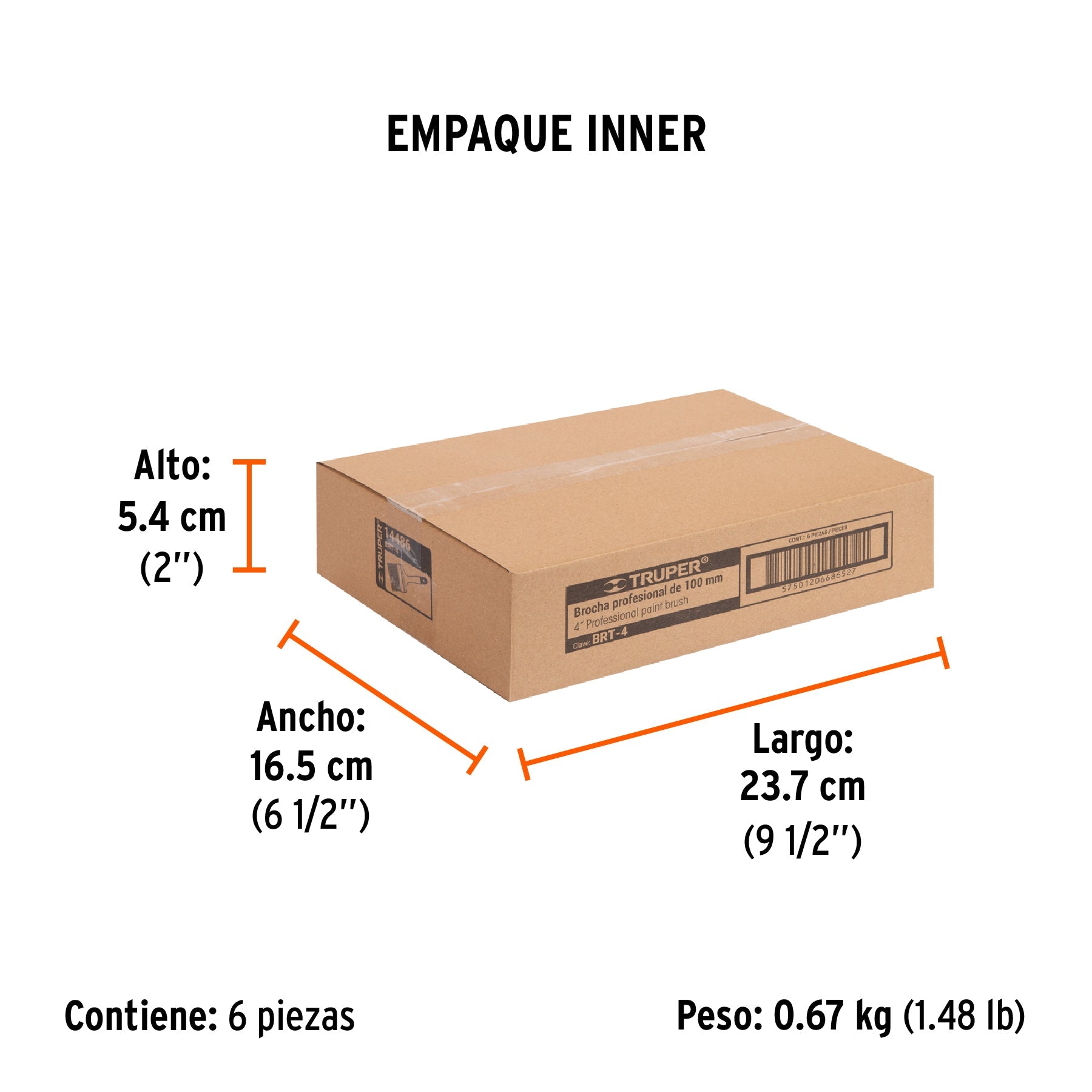 Brocha profesional de 4" con mango de plástico, TRUPER - Empaque