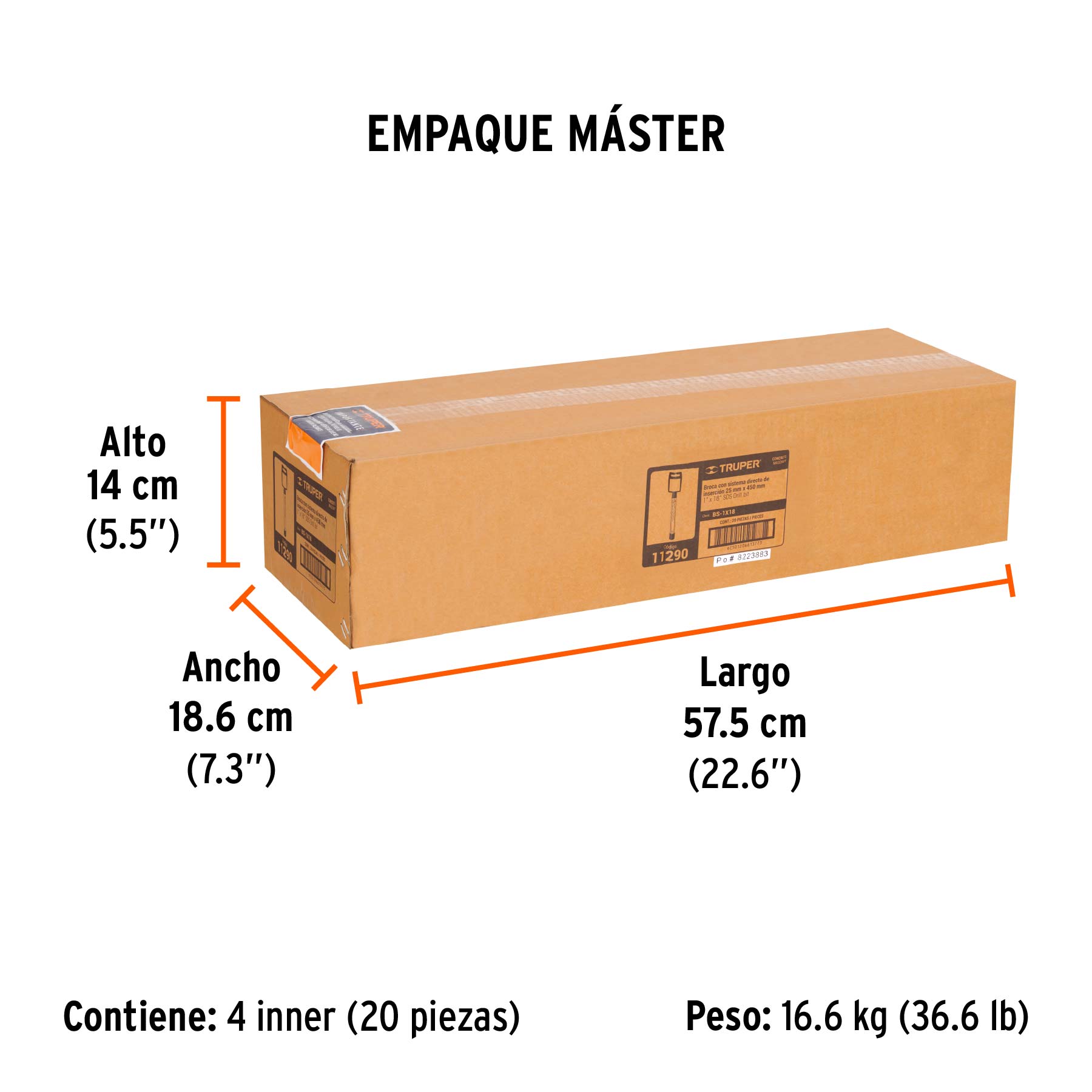 Broca SDS Plus 1 x 18", TRUPER - Empaque