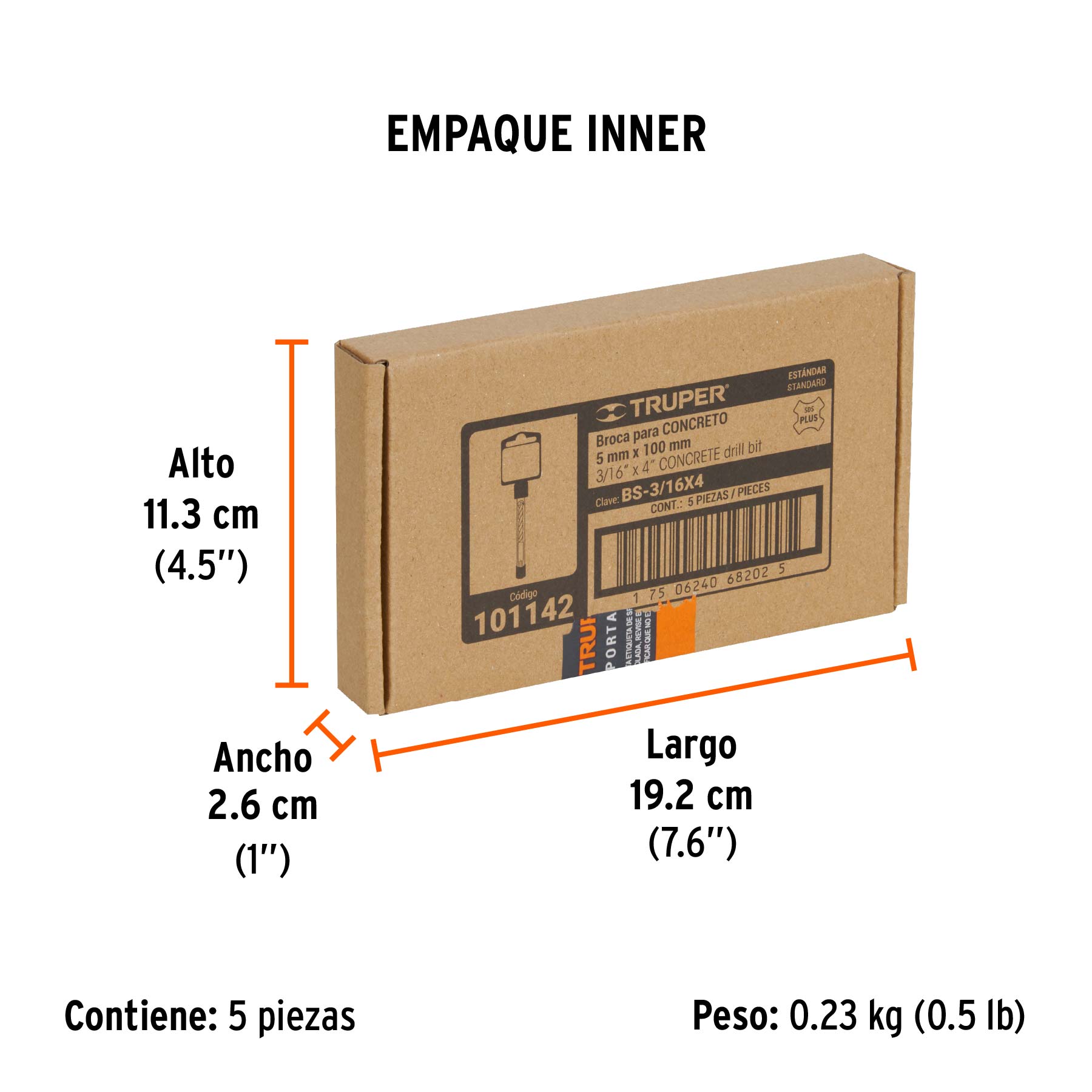 Broca SDS Plus 3/16 x 4", TRUPER - Empaque