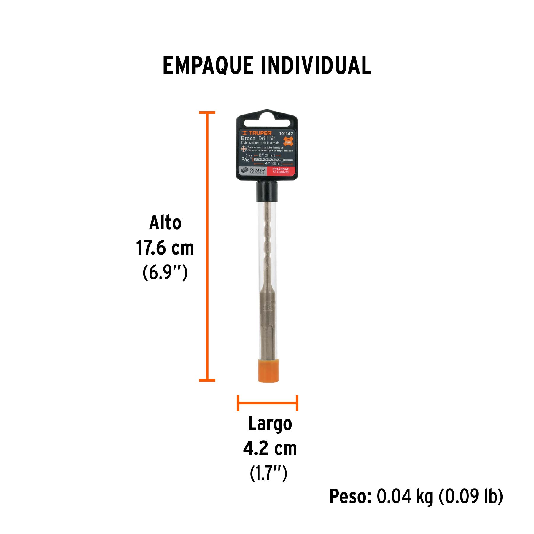 Broca SDS Plus 3/16 x 4", TRUPER - Empaque