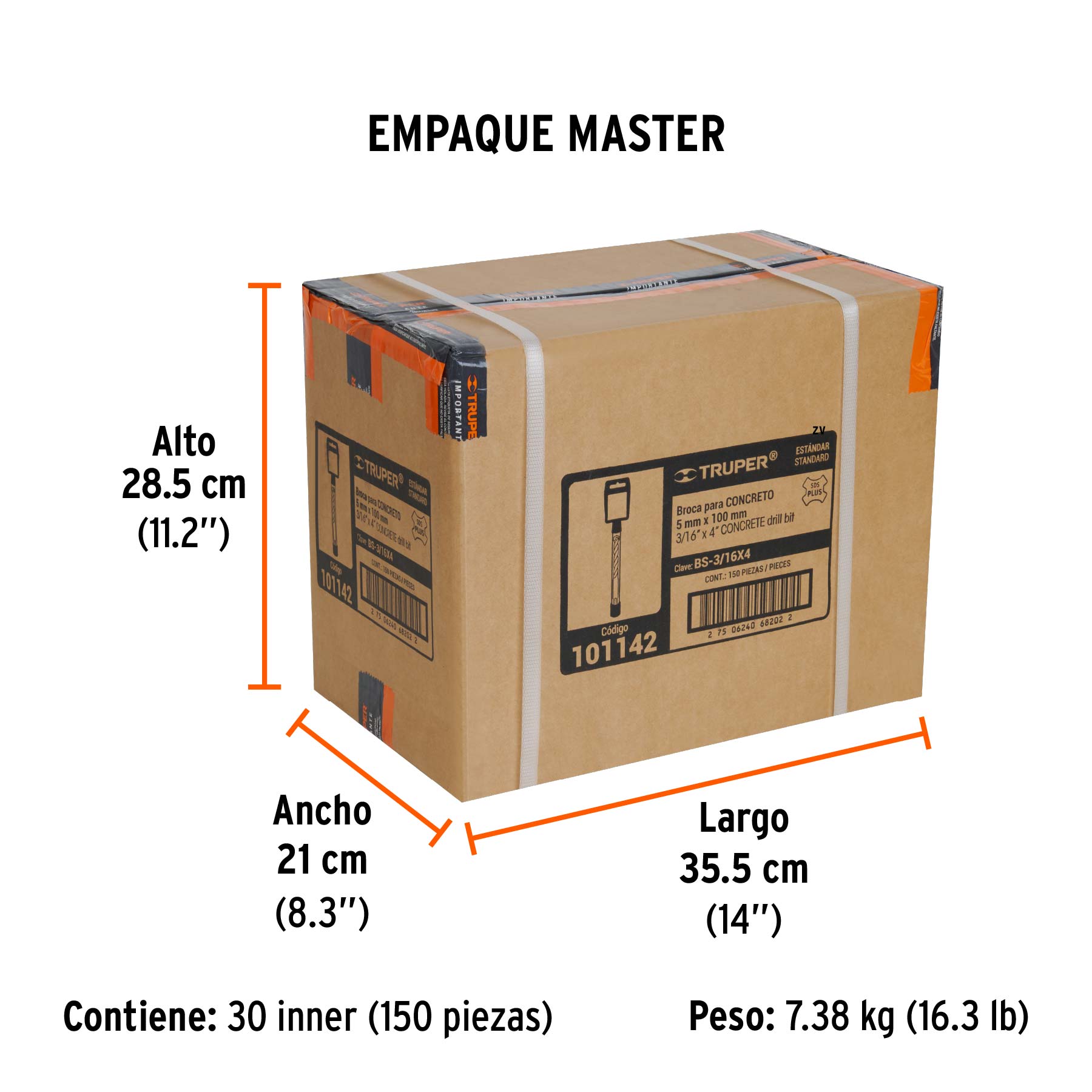 Broca SDS Plus 3/16 x 4", TRUPER - Empaque