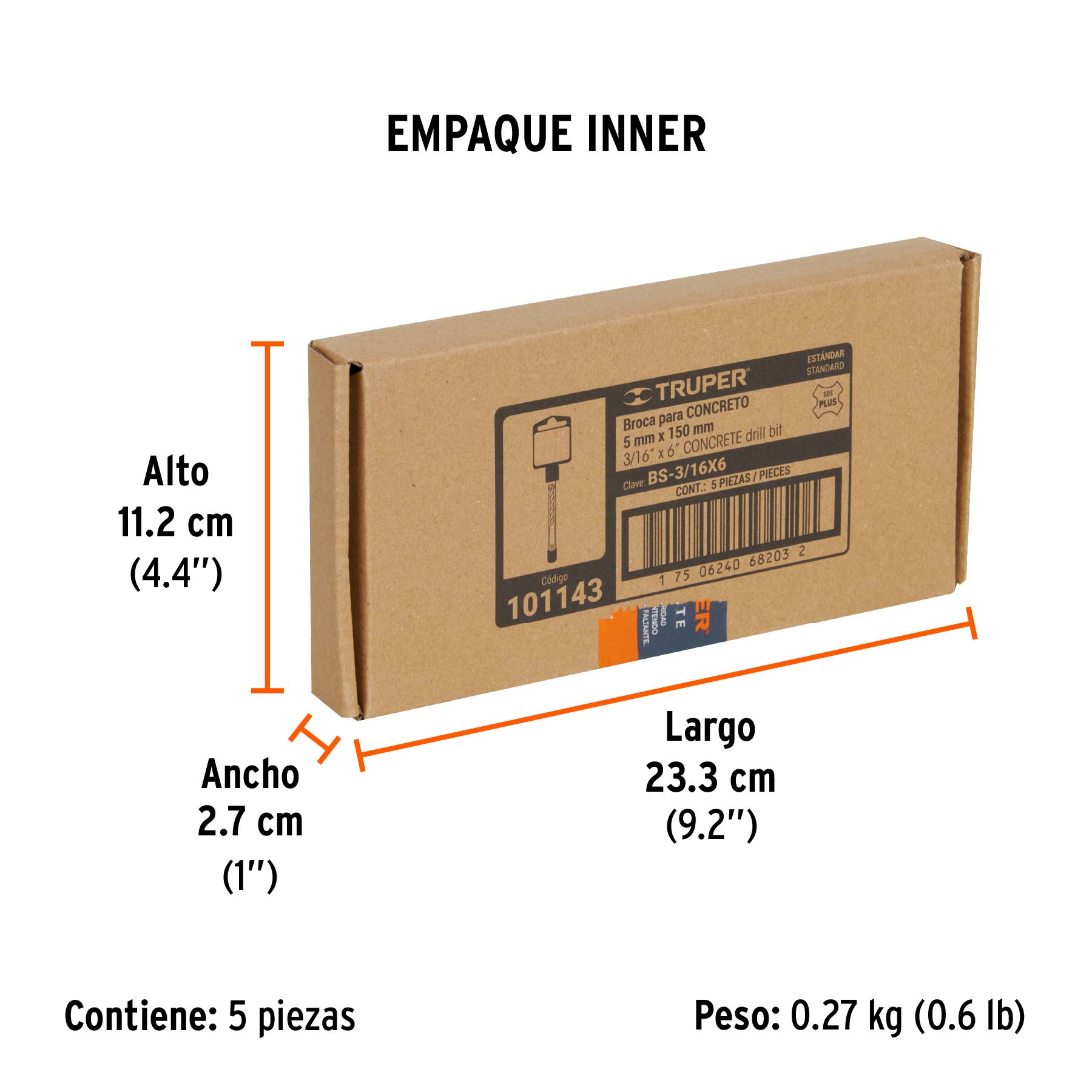 Broca SDS Plus 3/16 x 6", TRUPER - Empaque