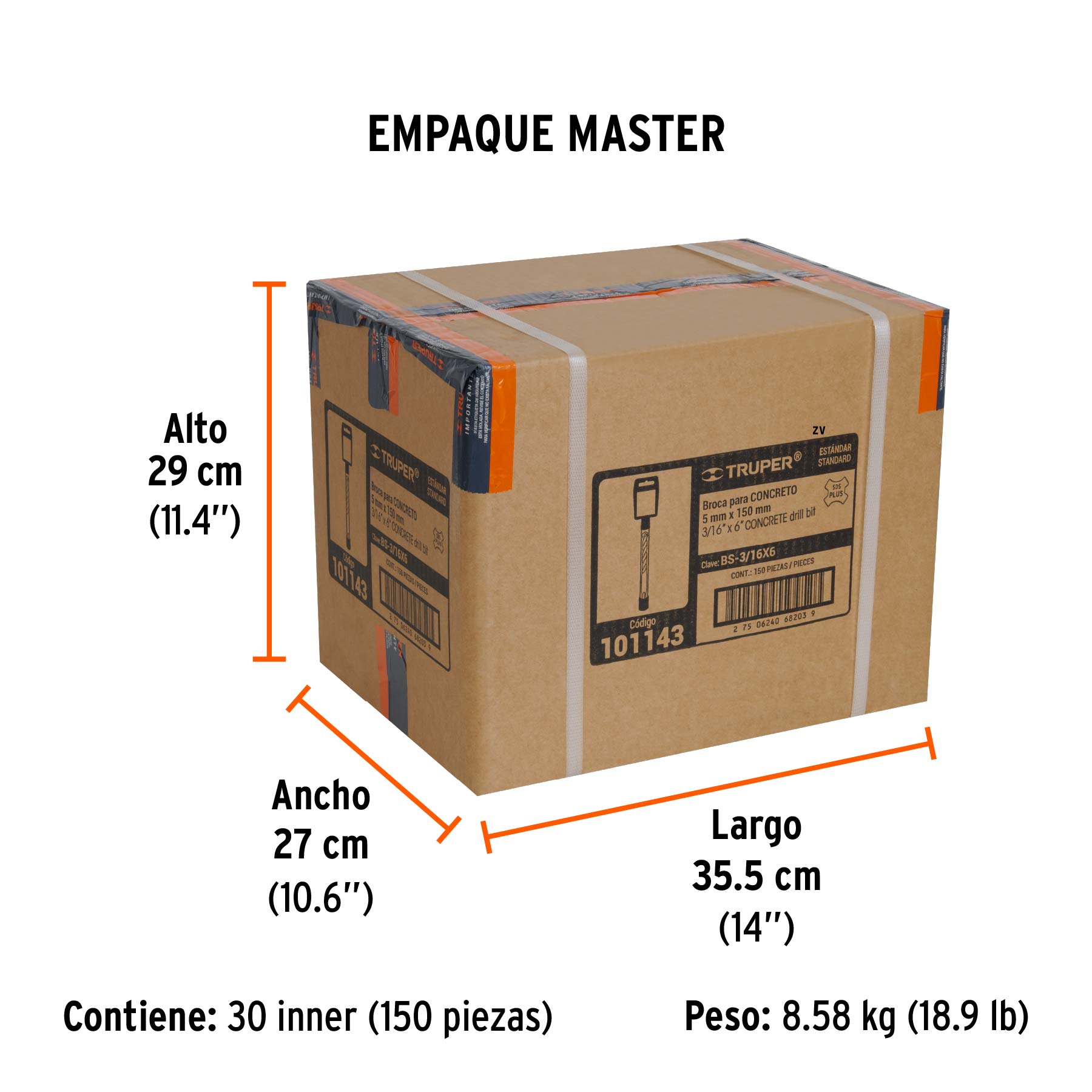 Broca SDS Plus 3/16 x 6", TRUPER - Empaque