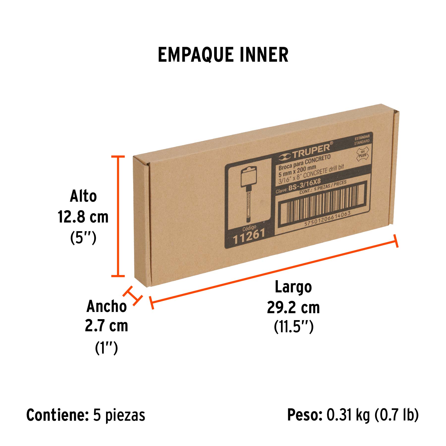 Broca SDS Plus 3/16 x 8", TRUPER - Empaque