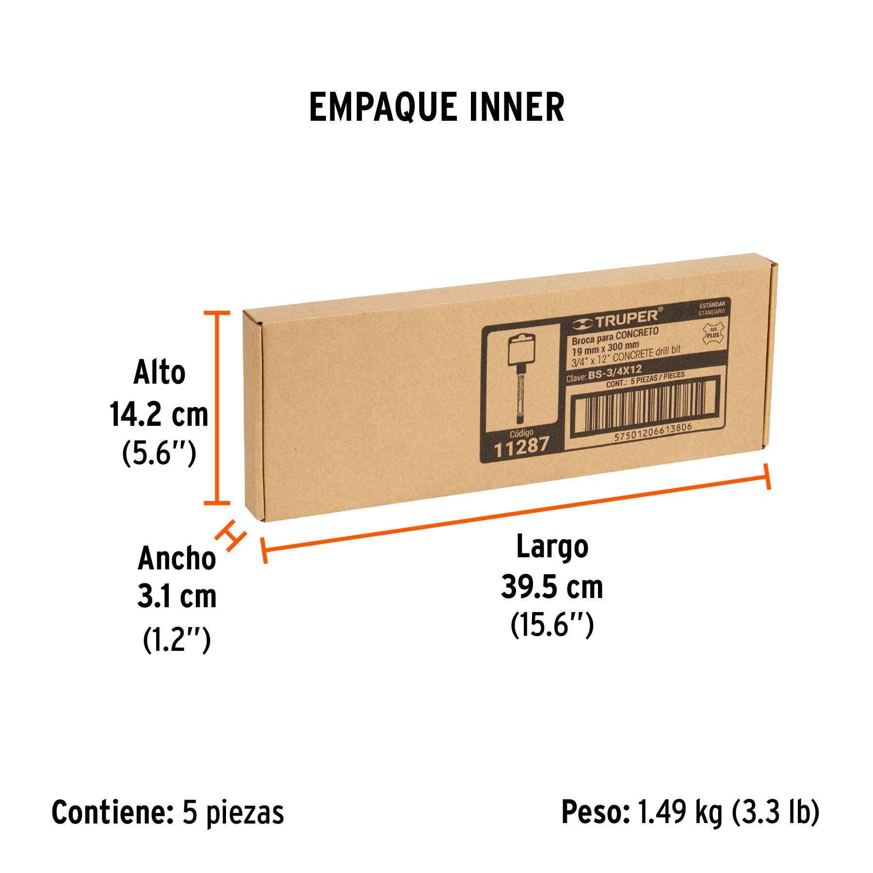 Broca SDS Plus 3/4 x 12", TRUPER - Empaque