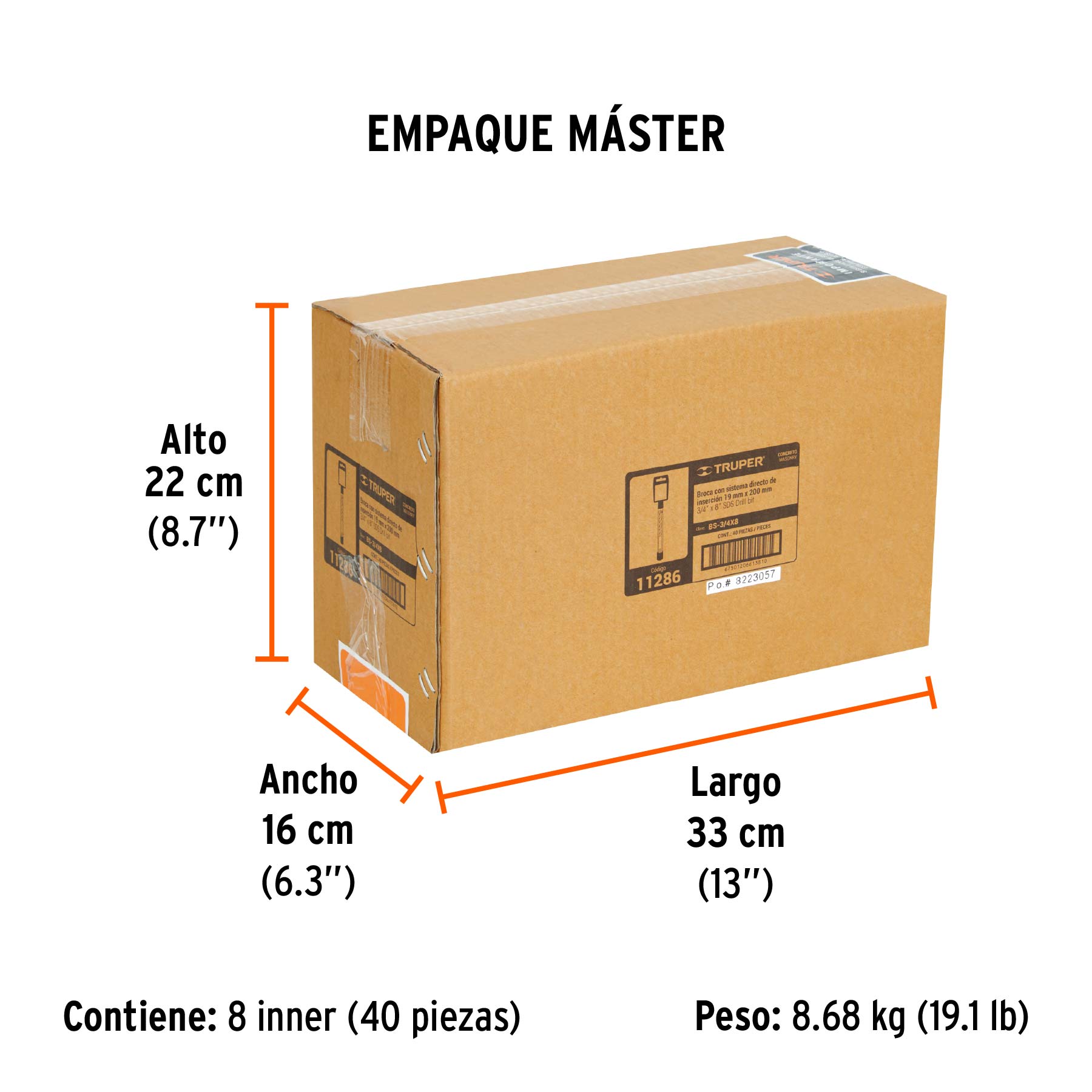 Broca SDS Plus 3/4 x 8", TRUPER - Empaque