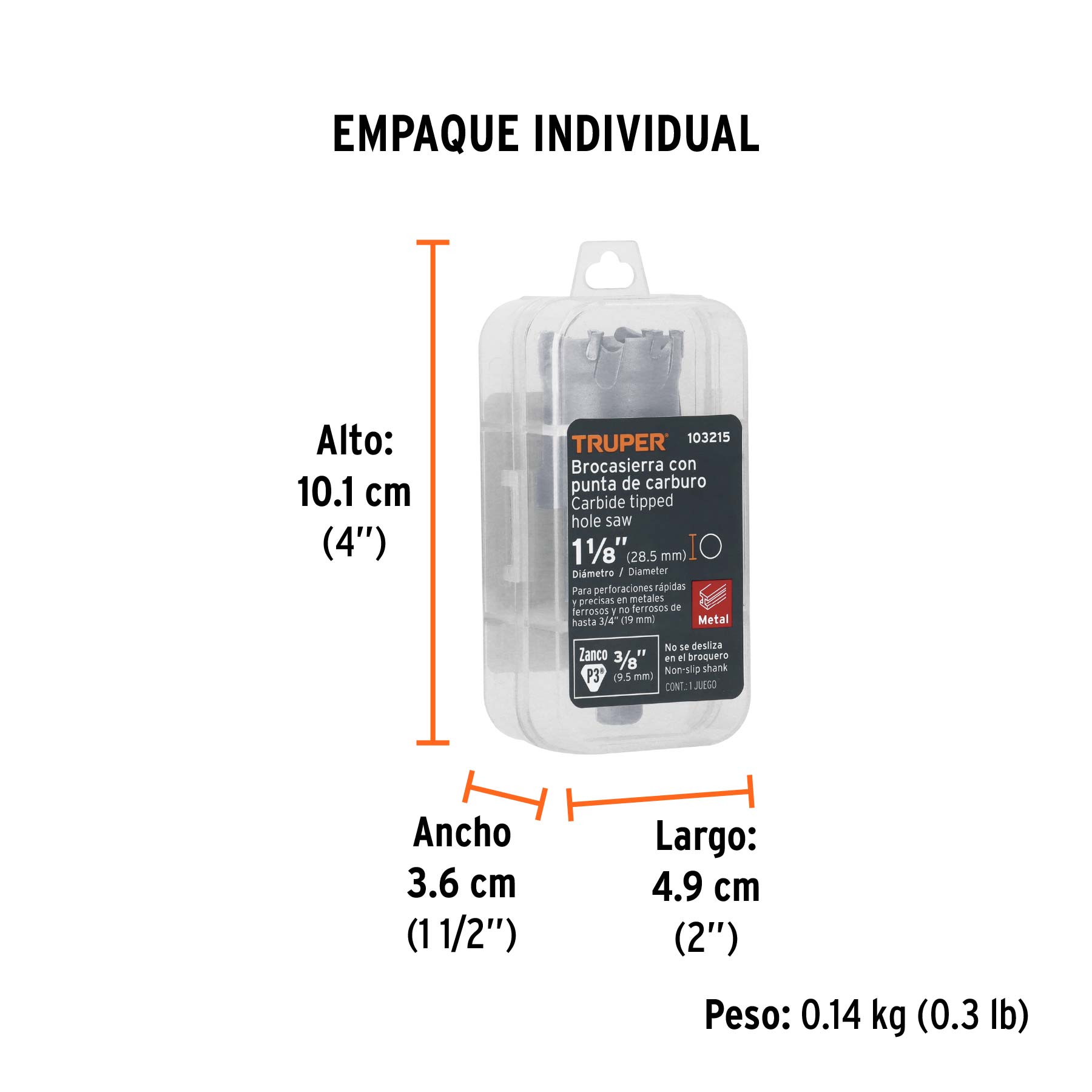 Brocasierra de carburo de tungsteno, 1-1/8", TRUPER - Empaque