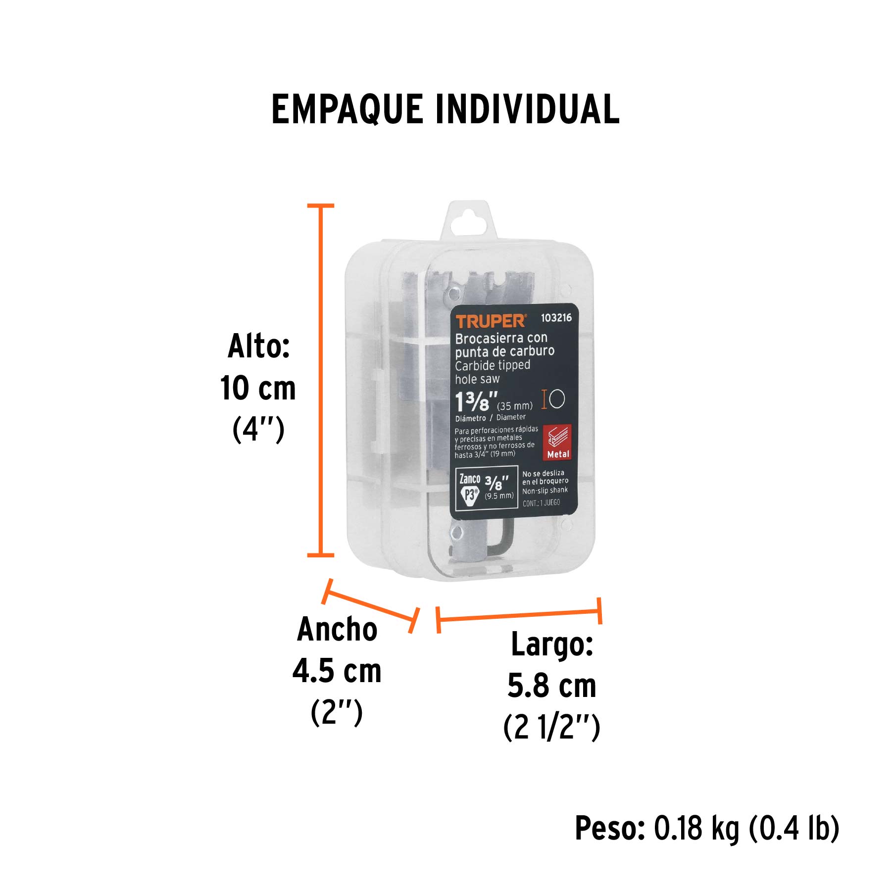 Brocasierra de carburo de tungsteno, 1-3/8", TRUPER - Empaque