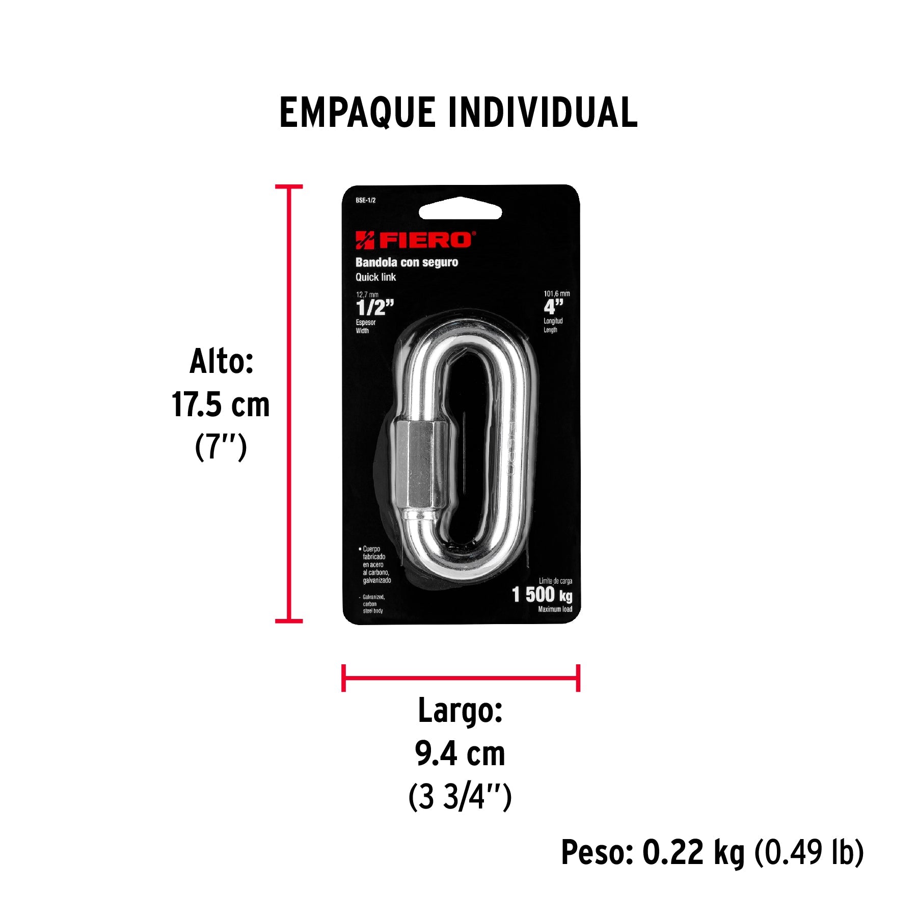 Bandola de acero de 1/2" con seguro, FIERO - Empaque