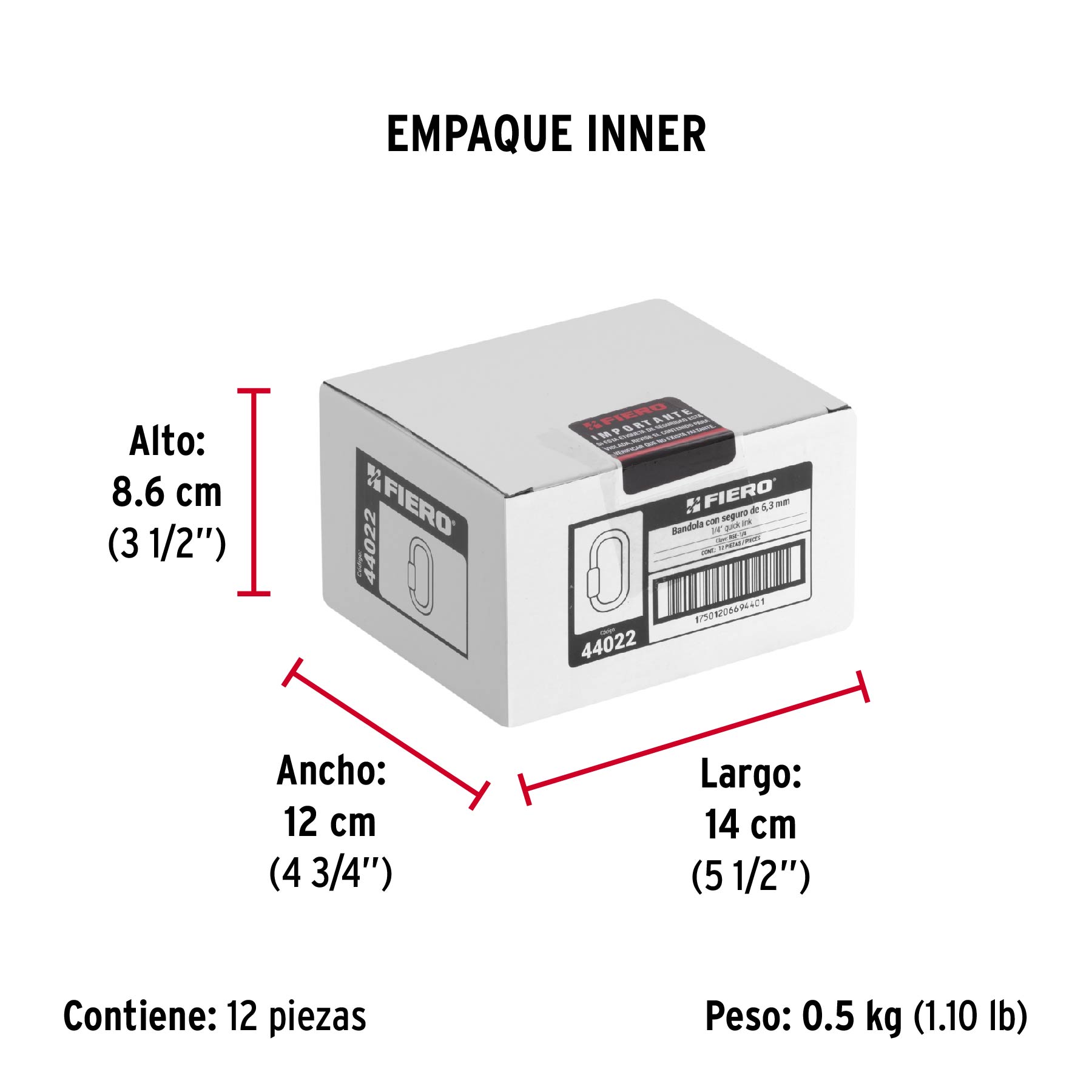 Bandola de acero de 1/4" con seguro, FIERO - Empaque