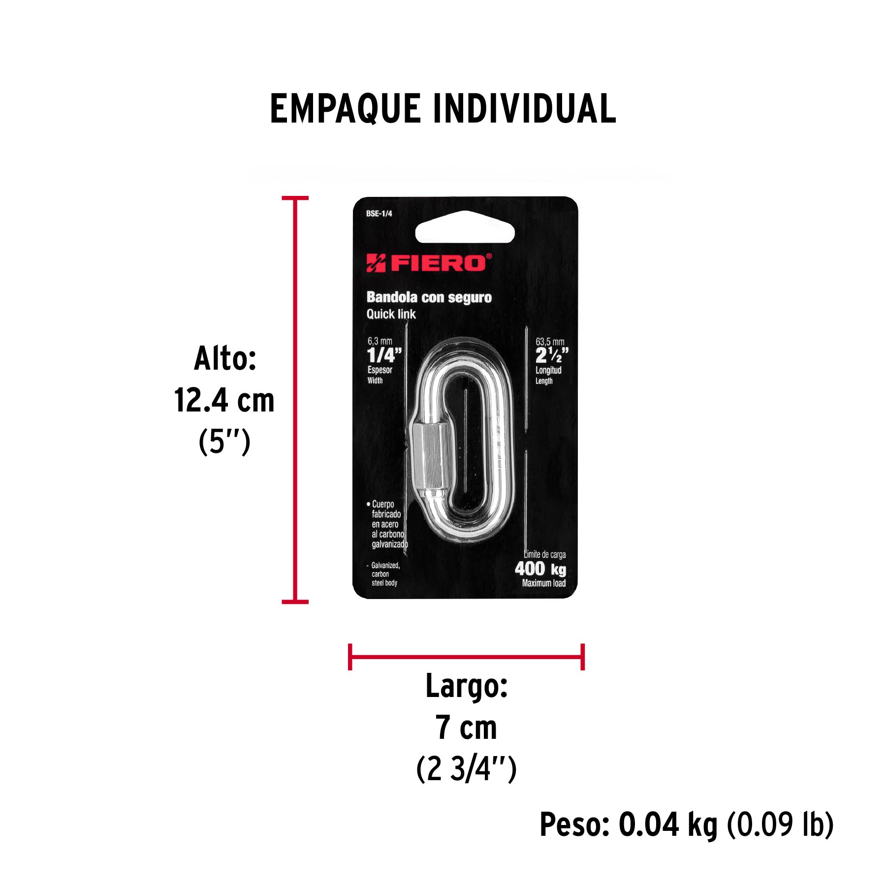 Bandola de acero de 1/4" con seguro, FIERO - Empaque