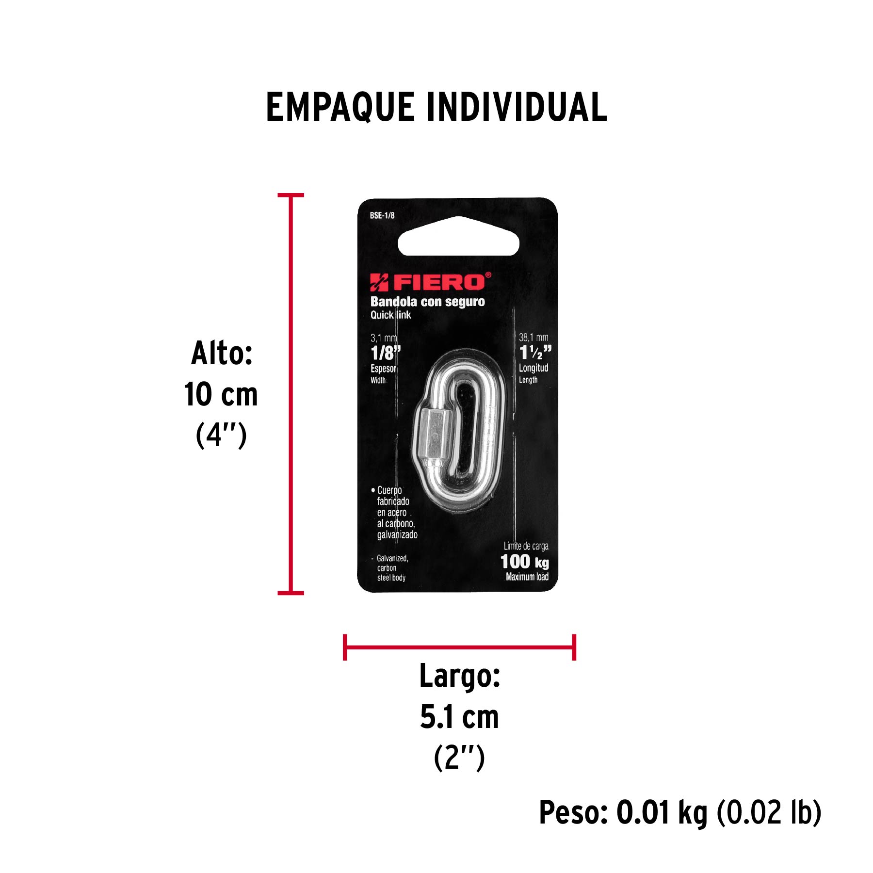 Bandola de acero de 1/8" con seguro, FIERO - Empaque