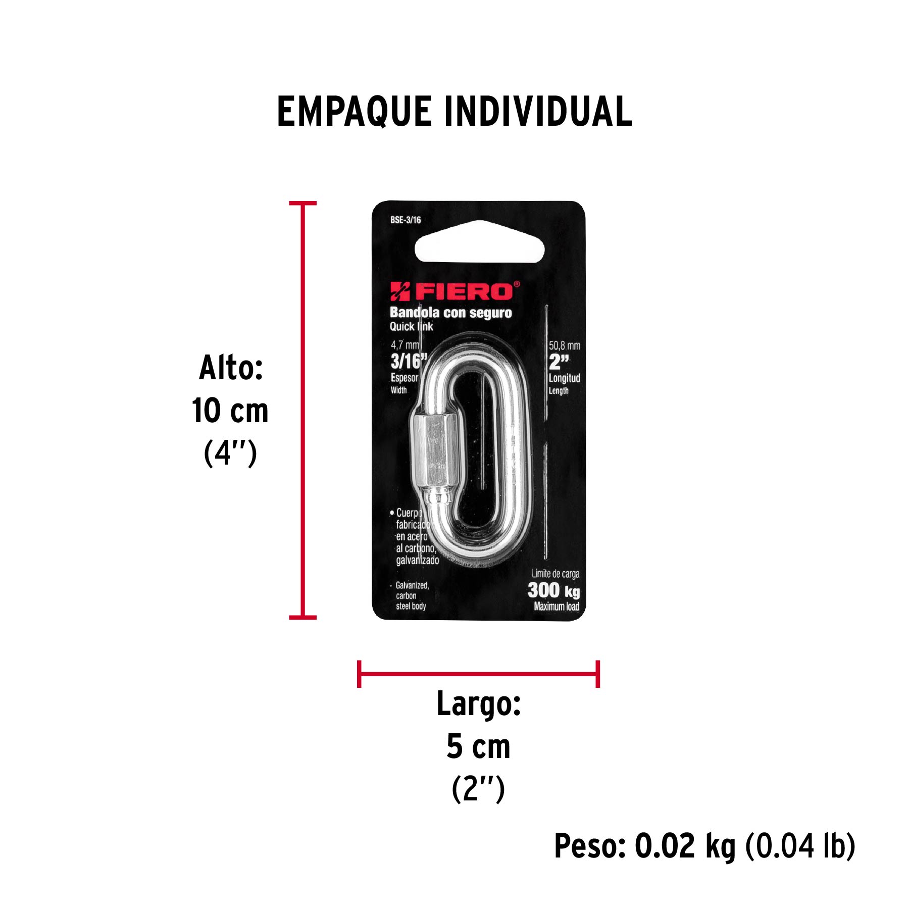 Bandola de acero de 3/16" con seguro, FIERO - Empaque