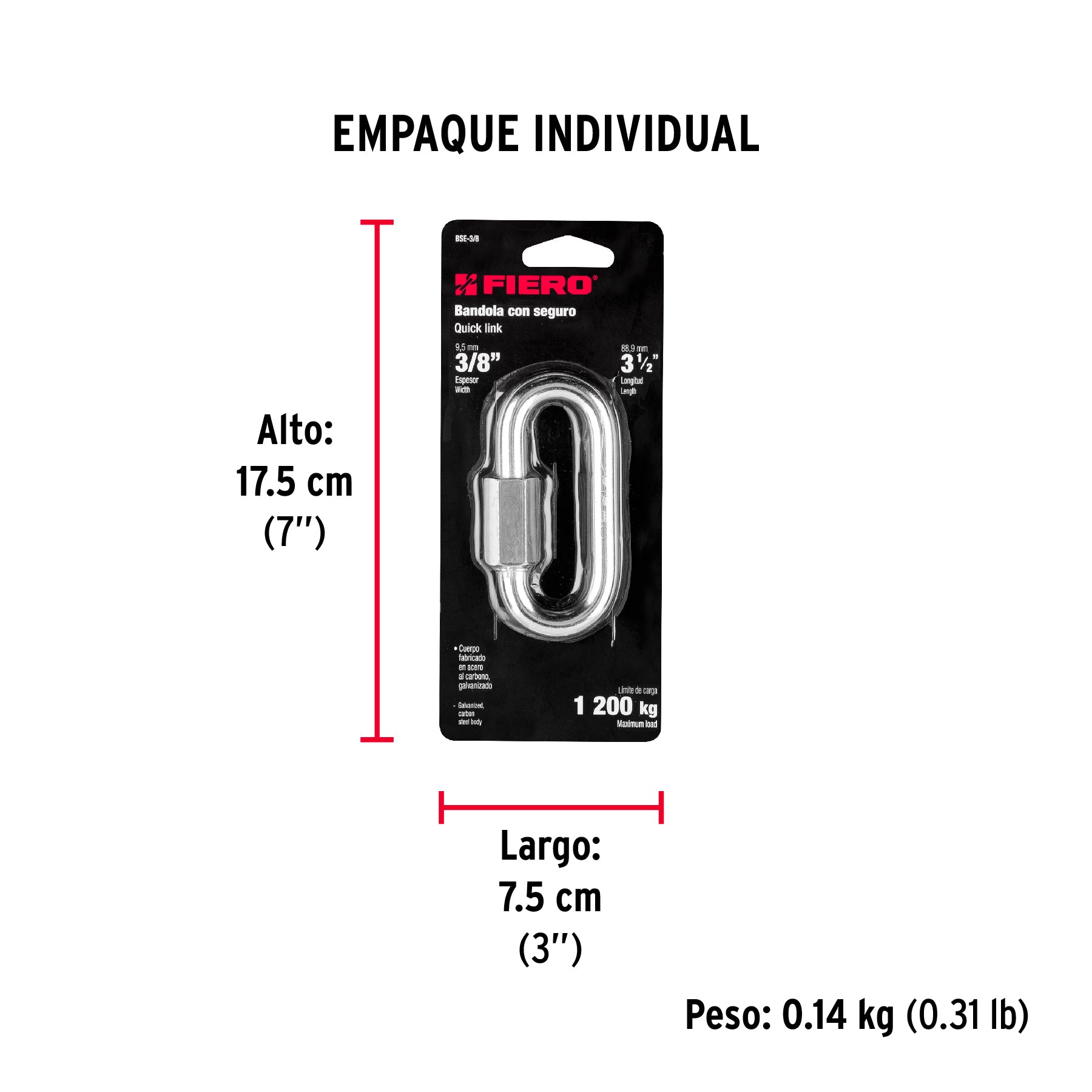 Bandola de acero de 3/8" con seguro, FIERO - Empaque