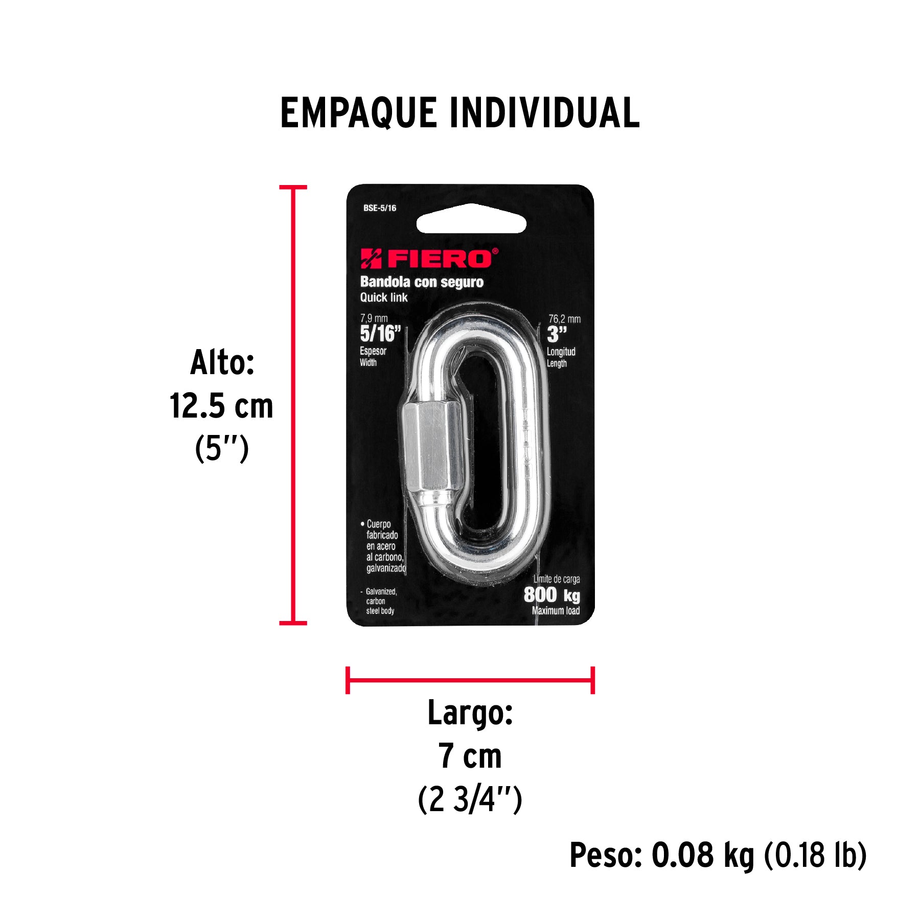 Bandola de acero de 5/16" con seguro, FIERO - Empaque