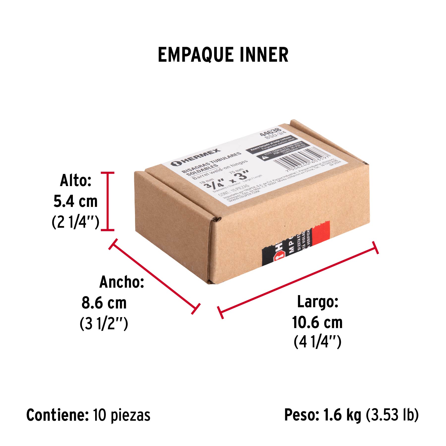 Bisagra tubular soldable de 3/4", HERMEX - Empaque