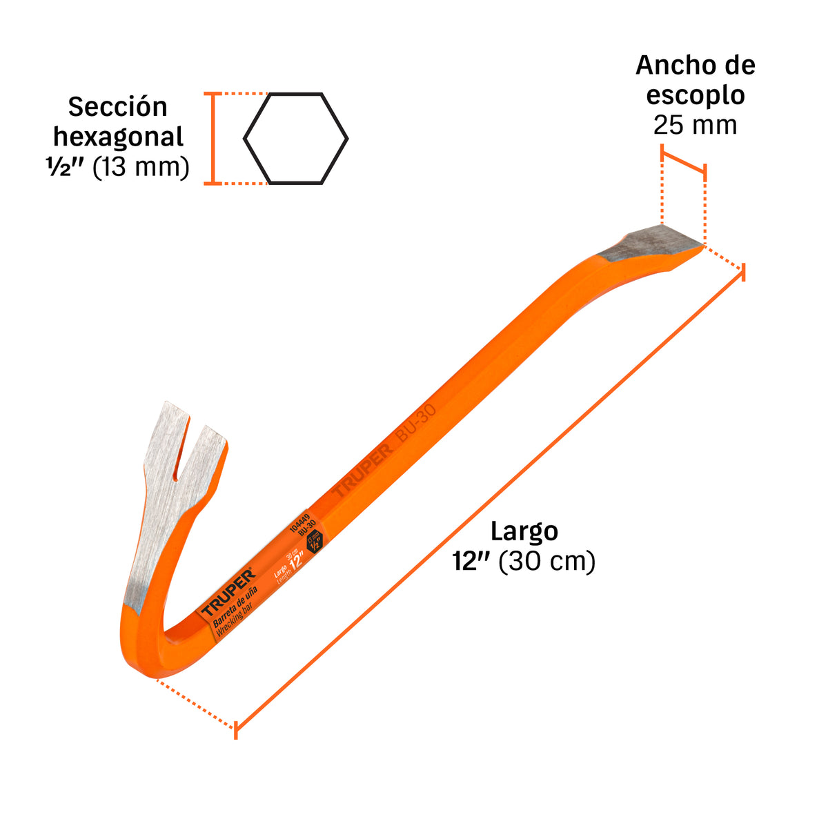 Barreta de uña de 1/2" x 30 cm, TRUPER