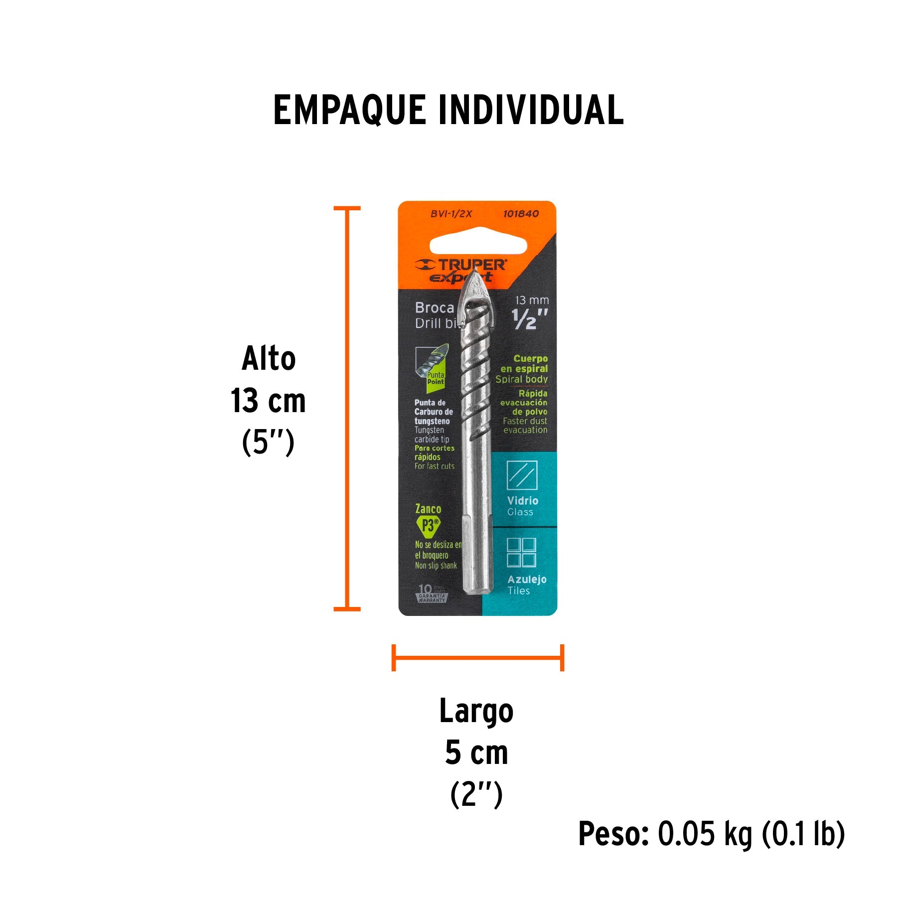 Broca para vidrio y azulejo 1/2", TRUPER EXPERT - Empaque