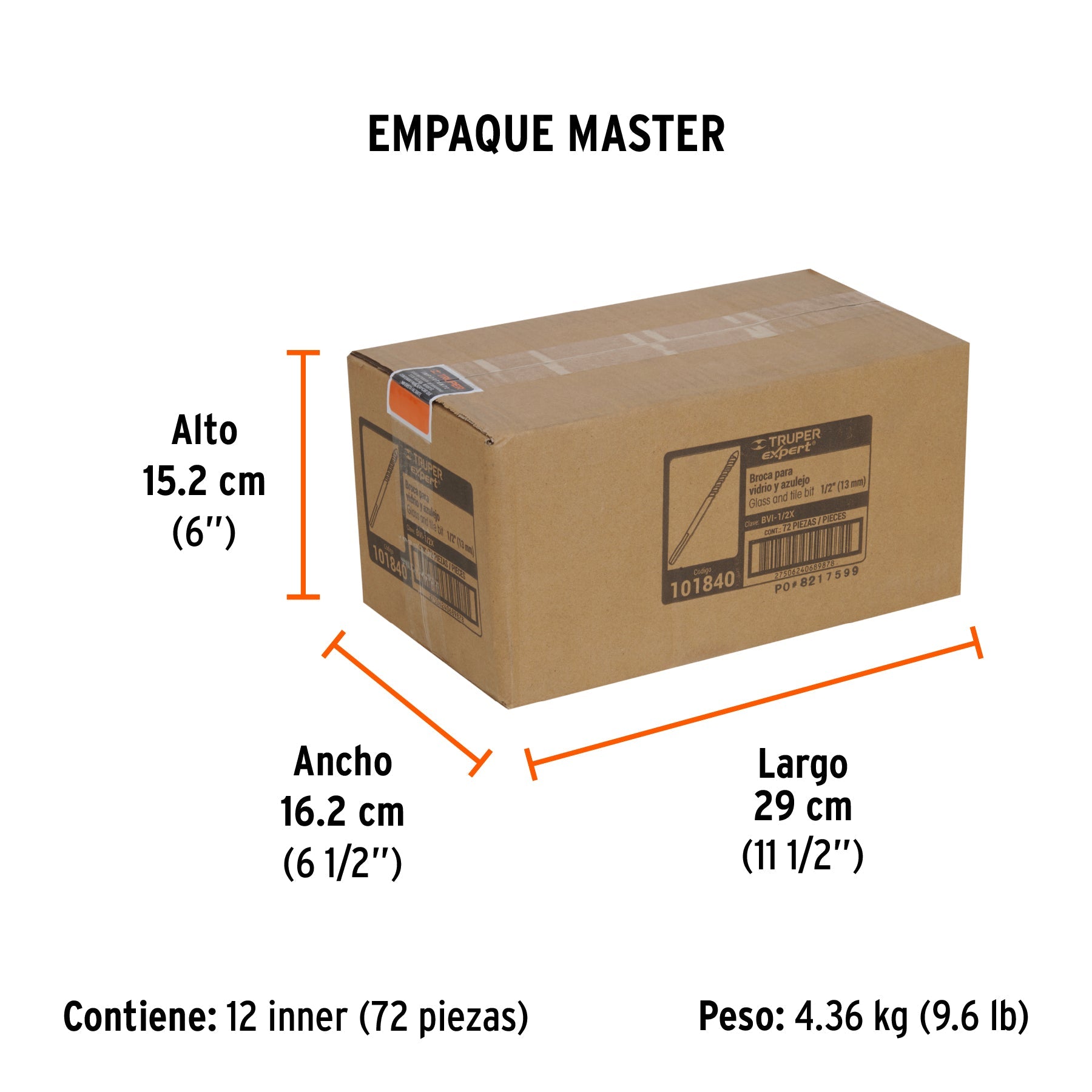 Broca para vidrio y azulejo 1/2", TRUPER EXPERT - Empaque