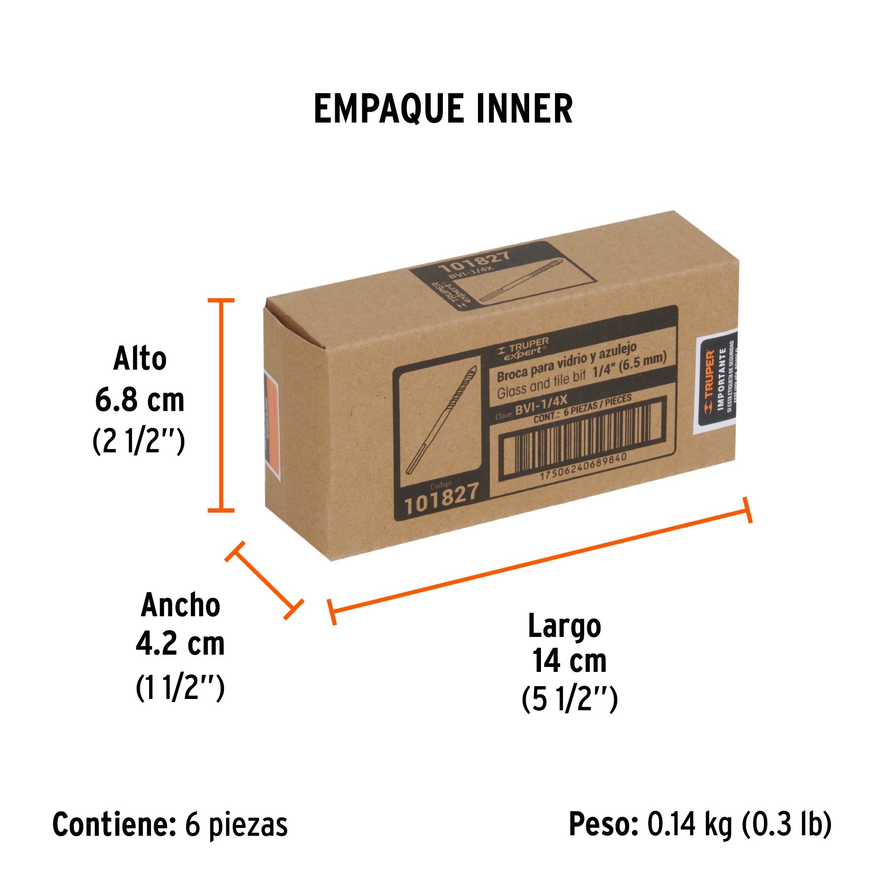 Broca para vidrio y azulejo 1/4", TRUPER EXPERT - Empaque