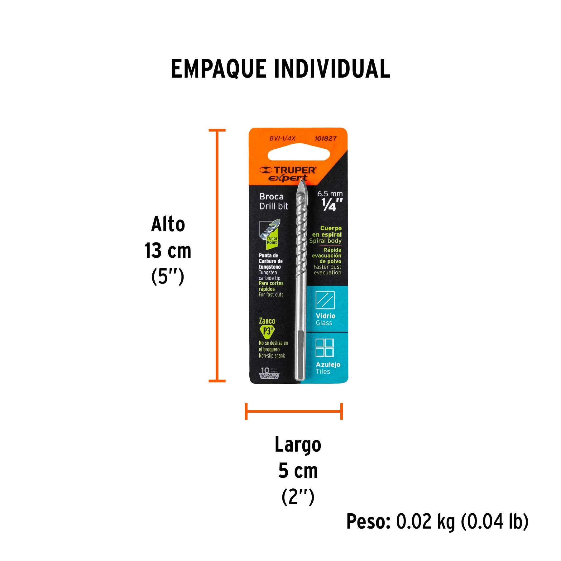 Broca para vidrio y azulejo 1/4", TRUPER EXPERT - Empaque