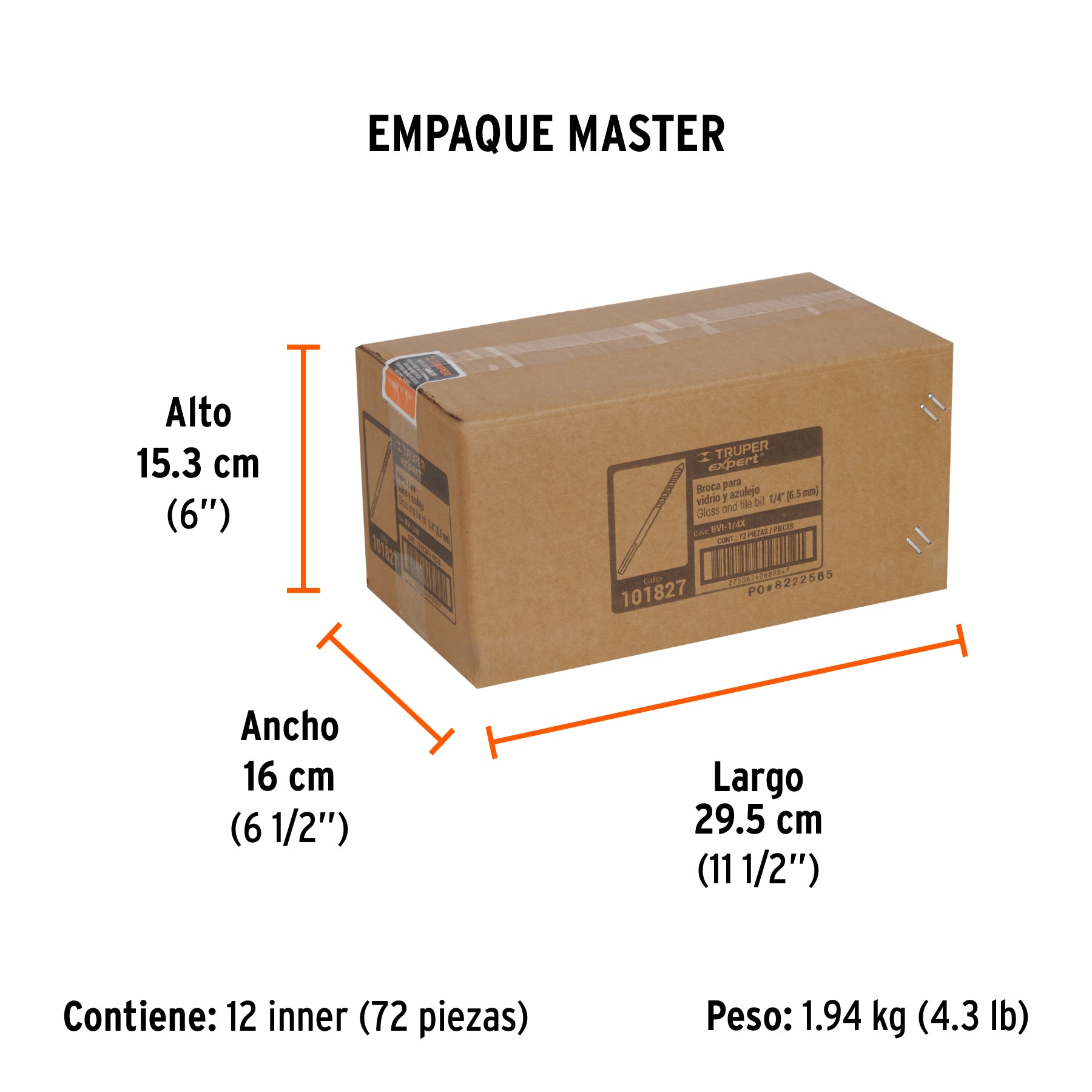 Broca para vidrio y azulejo 1/4", TRUPER EXPERT - Empaque