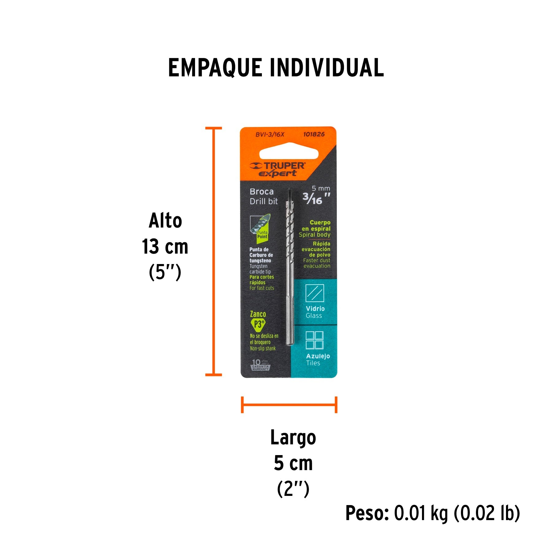 Broca para vidrio y azulejo 3/16", TRUPER EXPERT - Empaque