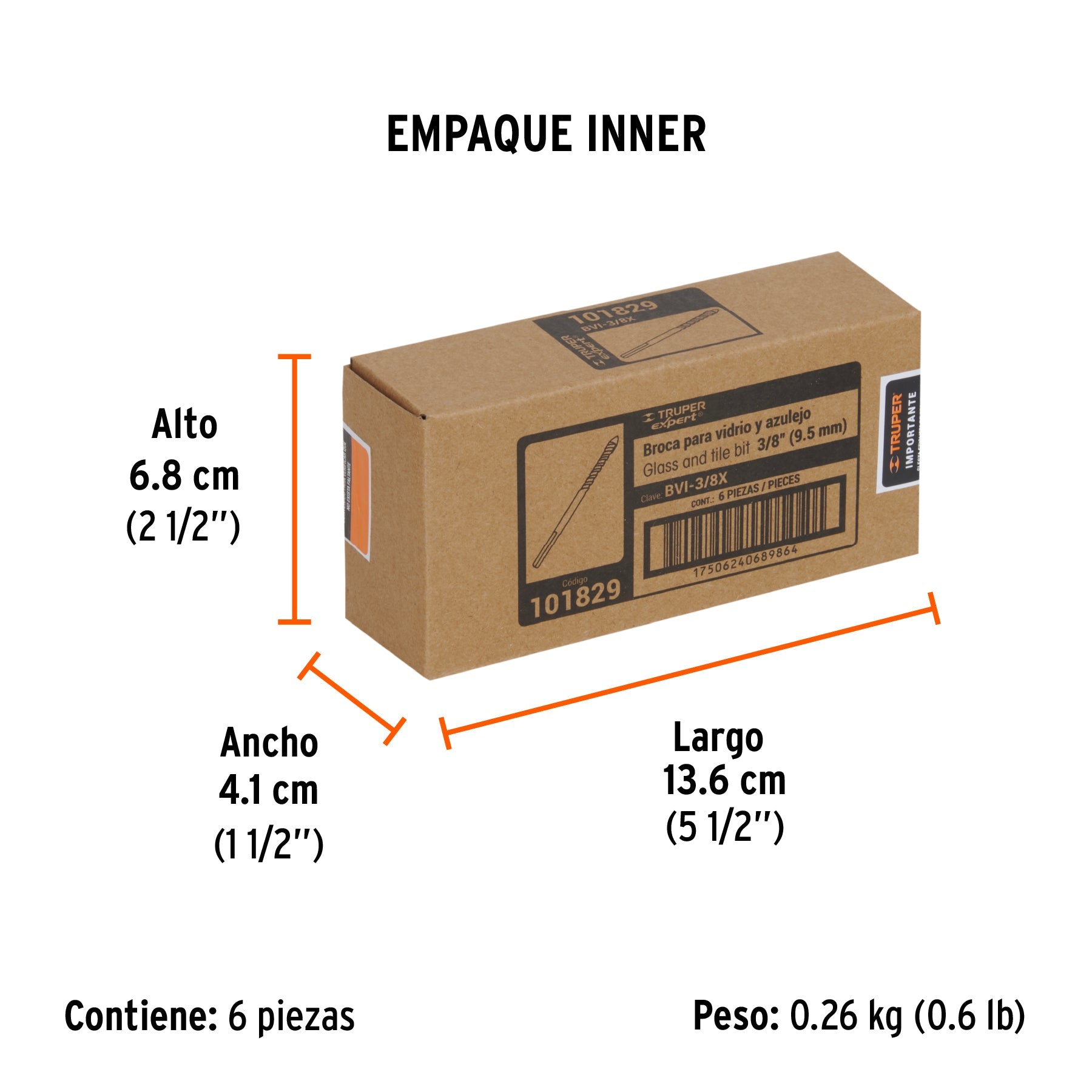 Broca para vidrio y azulejo 3/8", TRUPER EXPERT - Empaque