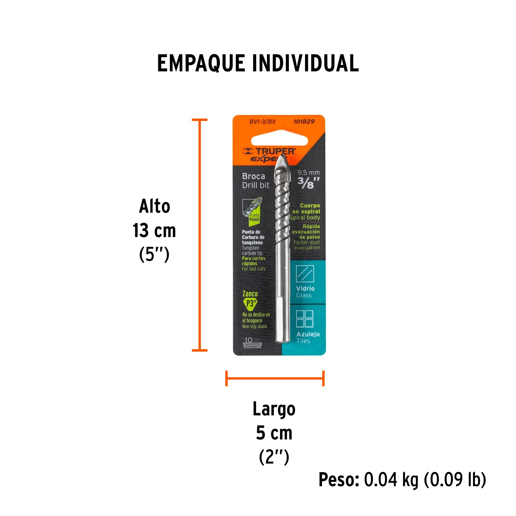 Broca para vidrio y azulejo 3/8", TRUPER EXPERT - Empaque