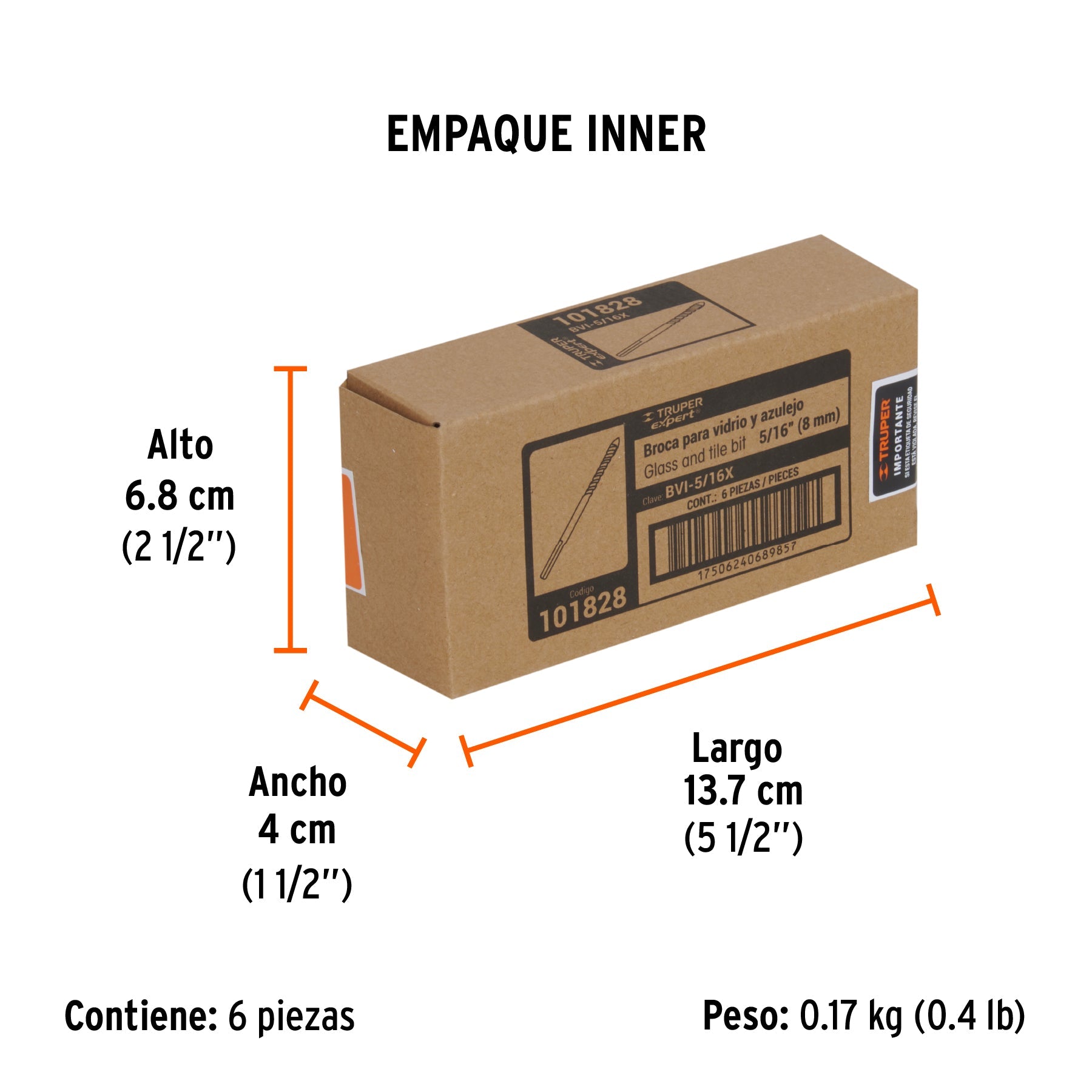 Broca para vidrio y azulejo 5/16", TRUPER EXPERT - Empaque