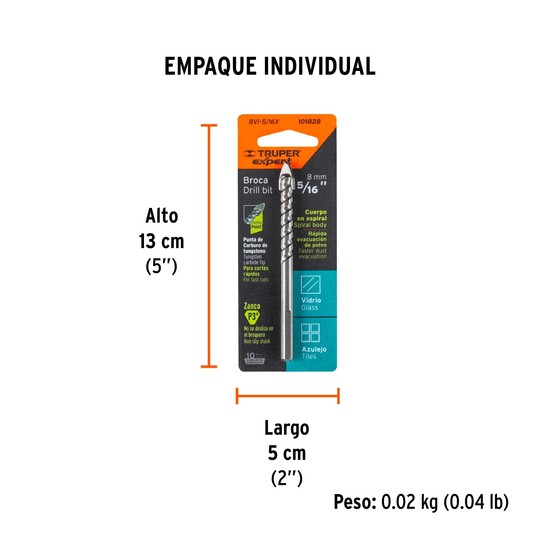 Broca para vidrio y azulejo 5/16", TRUPER EXPERT - Empaque