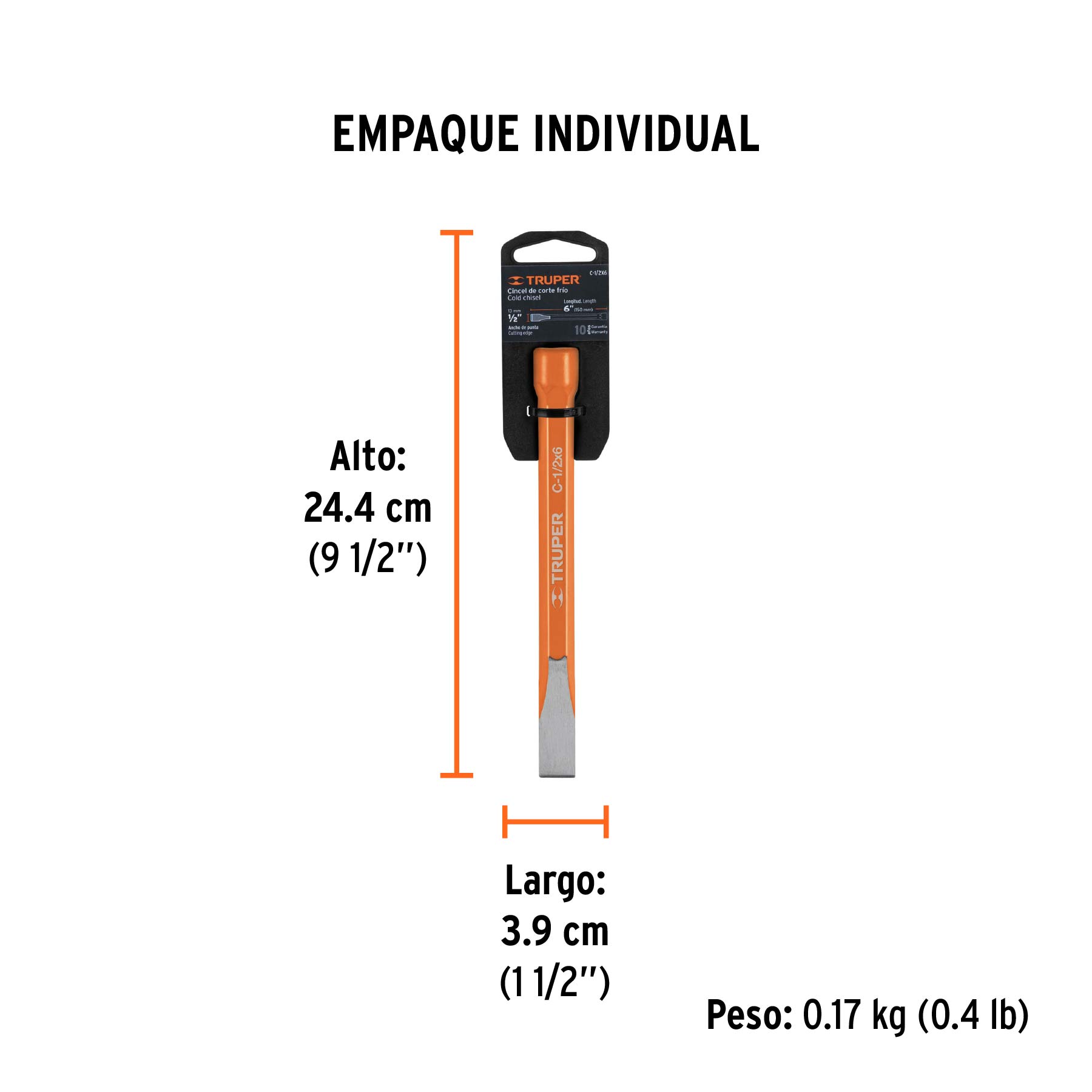 Cincel de corte frío de 1/2 X 8", TRUPER - Empaque