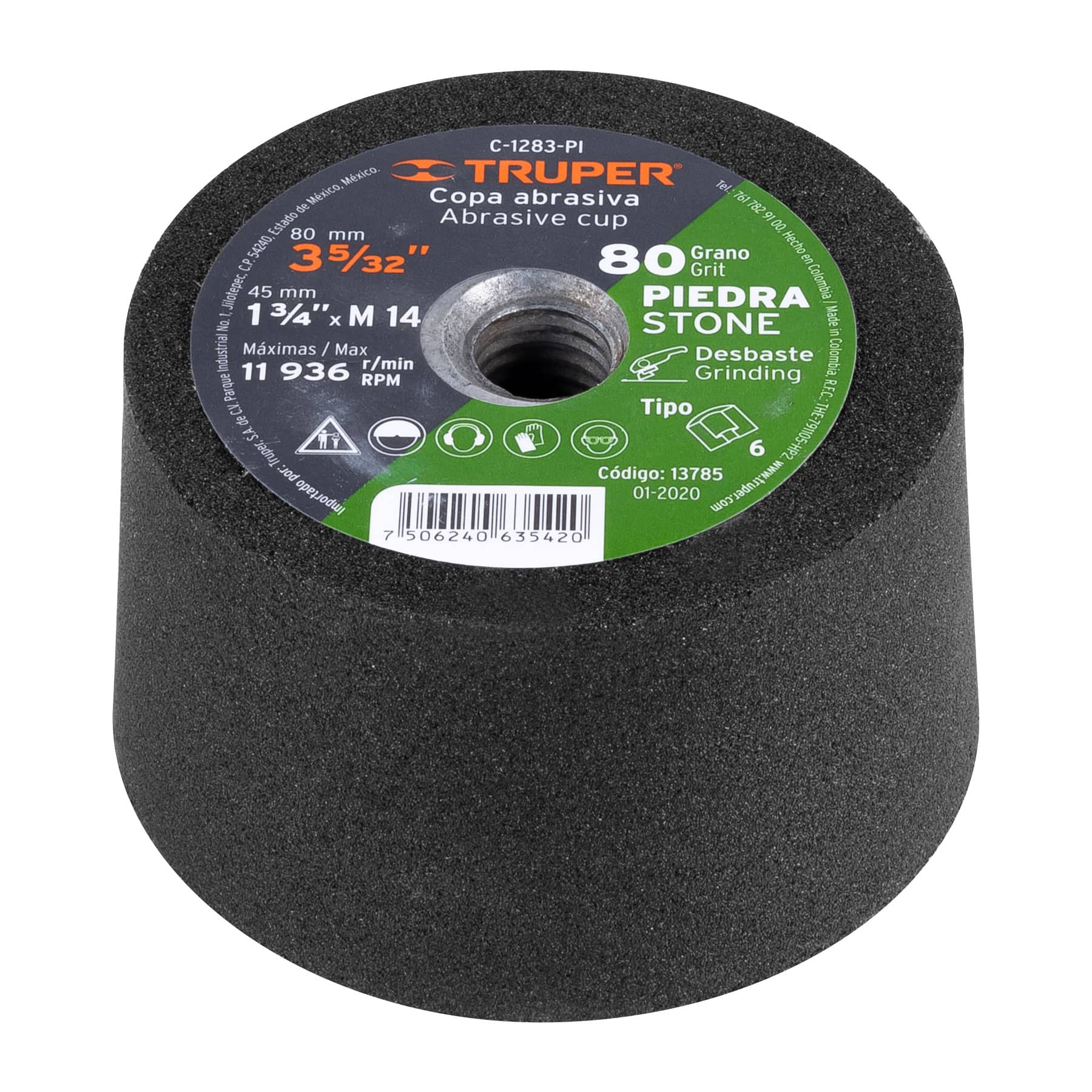 Copa desbaste de piedra 3-5/32" grano 80, eje M14, TRUPER