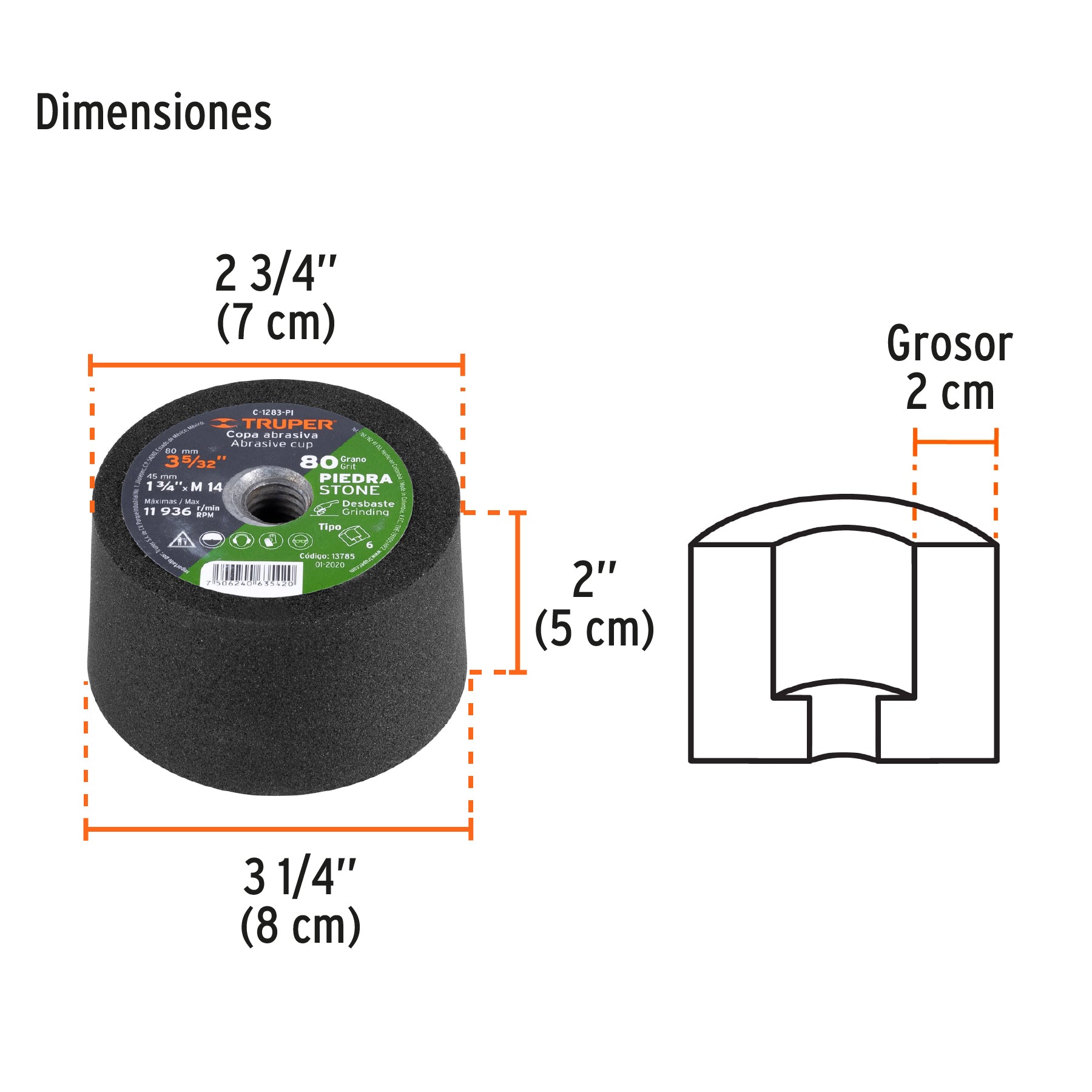 Copa desbaste de piedra 3-5/32" grano 80, eje M14, TRUPER