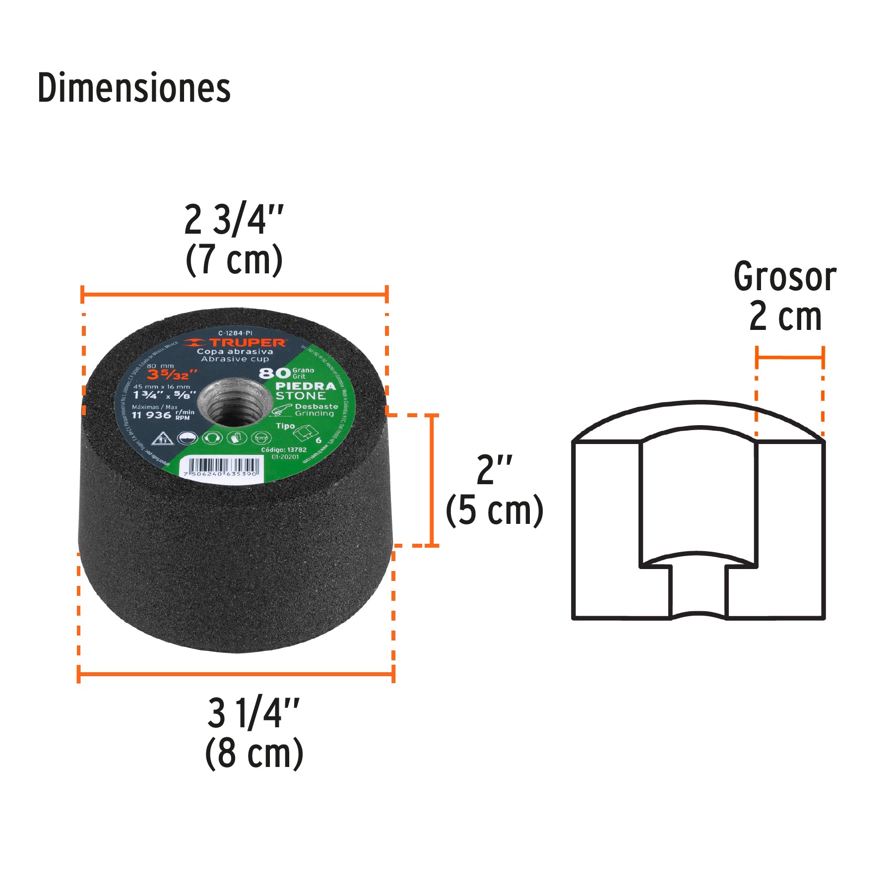 Copa desbaste de piedra 3-5/32" grano 80, eje 5/8-11, TRUPER