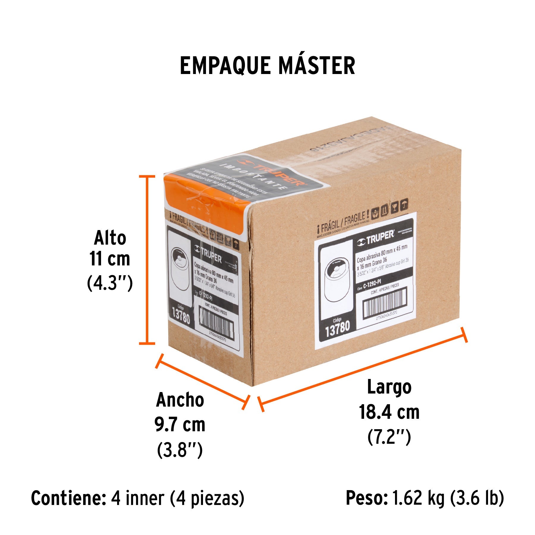 Copa desbaste de piedra 3-5/32" grano 36, eje 5/8-11, TRUPER - Empaque