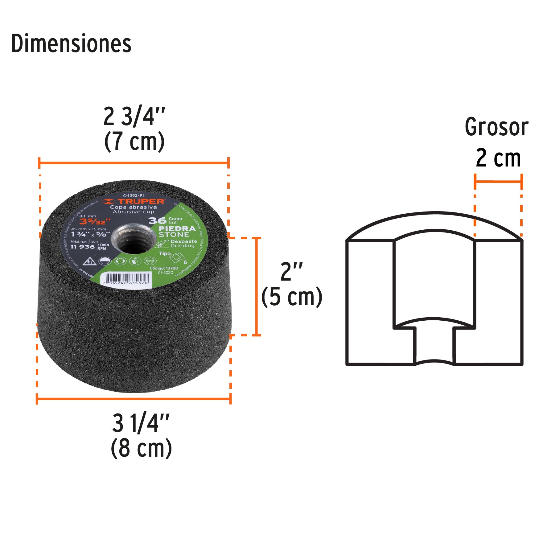 Copa desbaste de piedra 3-5/32" grano 36, eje 5/8-11, TRUPER