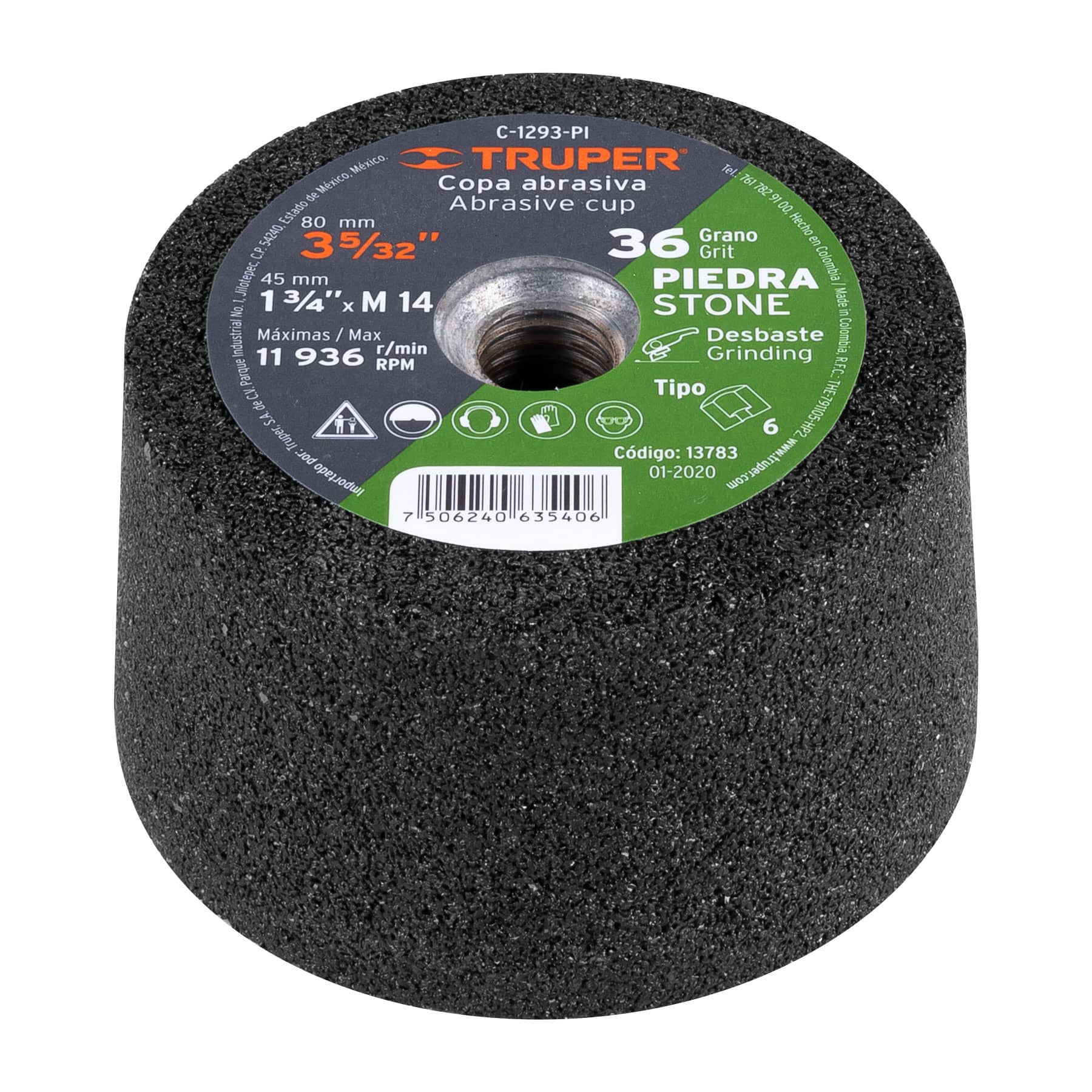 Copa desbaste de piedra 3-5/32" grano 36, eje M14, TRUPER