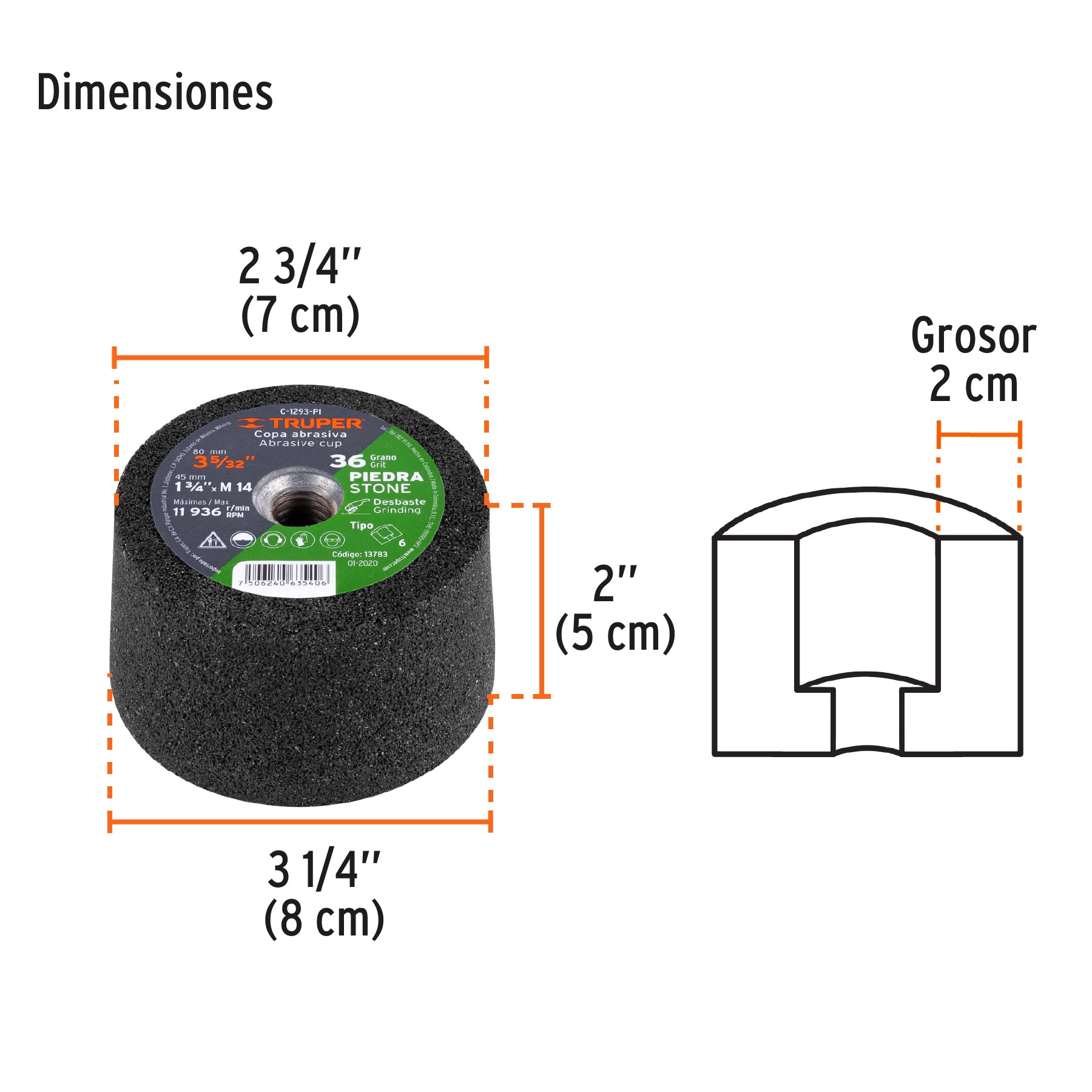 Copa desbaste de piedra 3-5/32" grano 36, eje M14, TRUPER