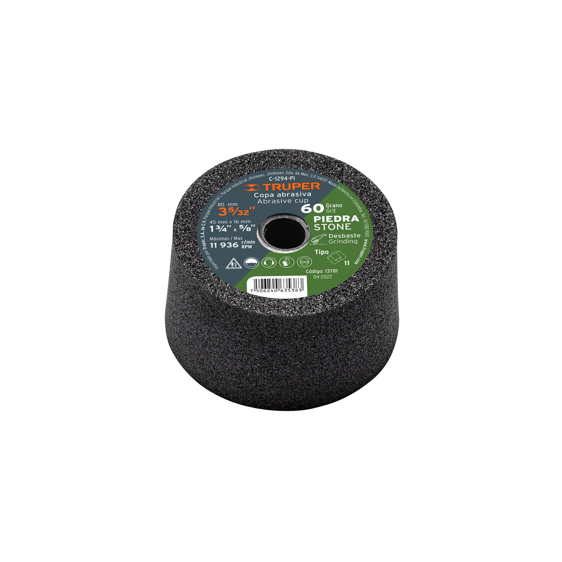 Copa desbaste de piedra 3-5/32" grano 60, eje 5/8-11, TRUPER