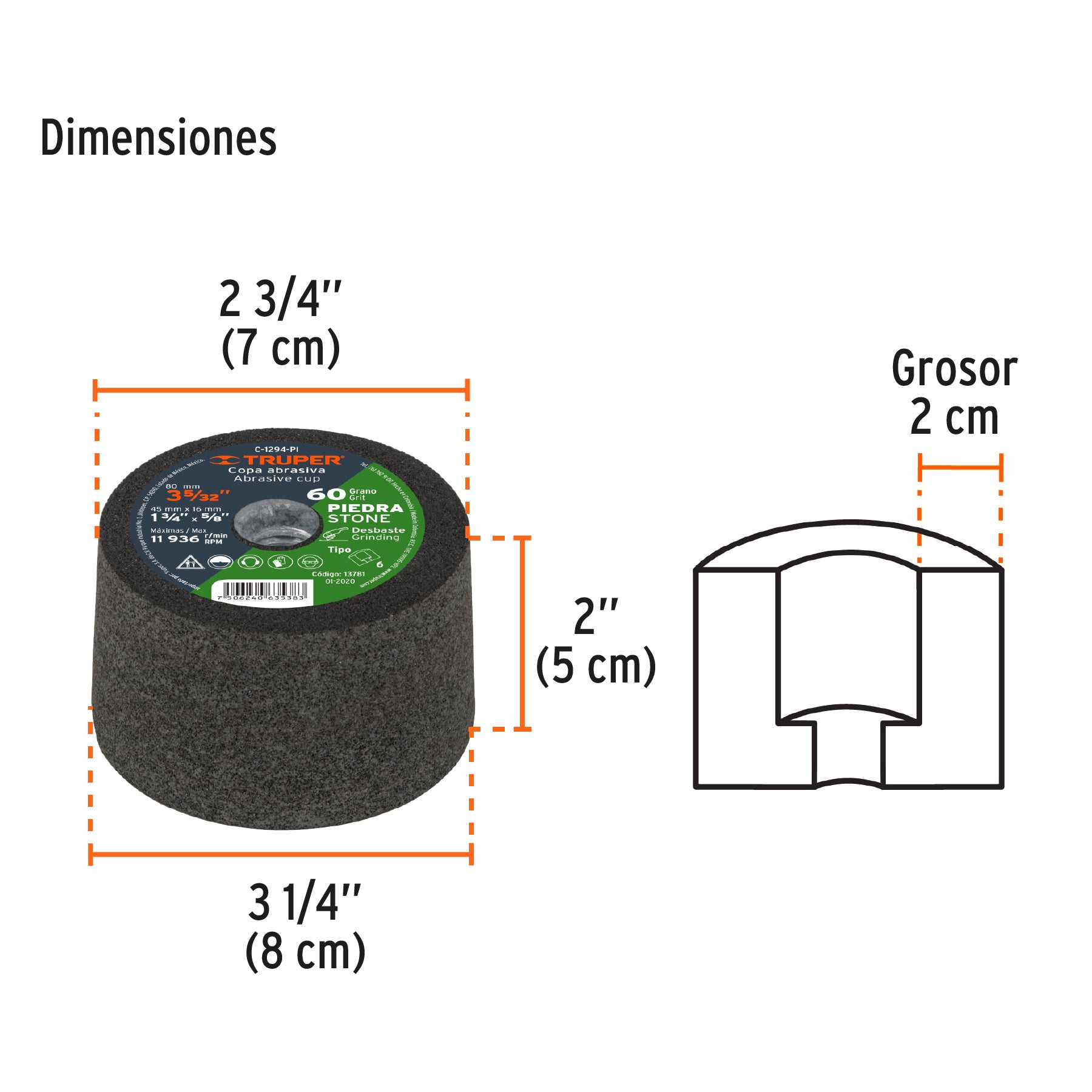 Copa desbaste de piedra 3-5/32" grano 60, eje 5/8-11, TRUPER