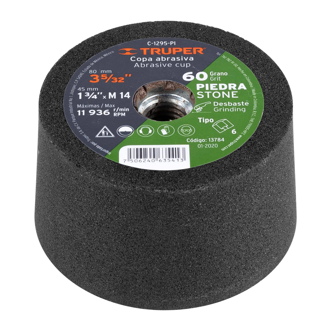 Copa desbaste de piedra 3-5/32" grano 60, eje M14, TRUPER