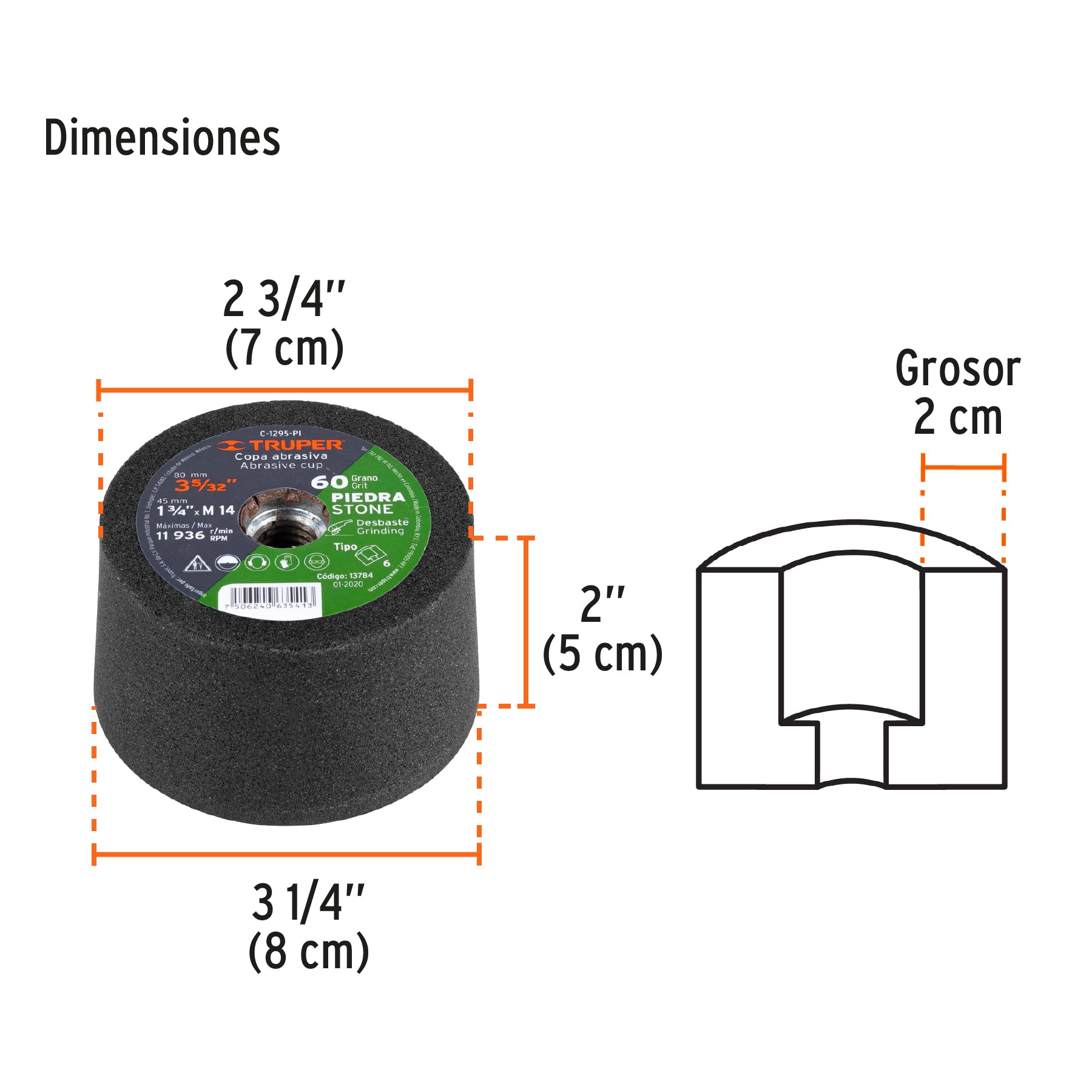 Copa desbaste de piedra 3-5/32" grano 60, eje M14, TRUPER