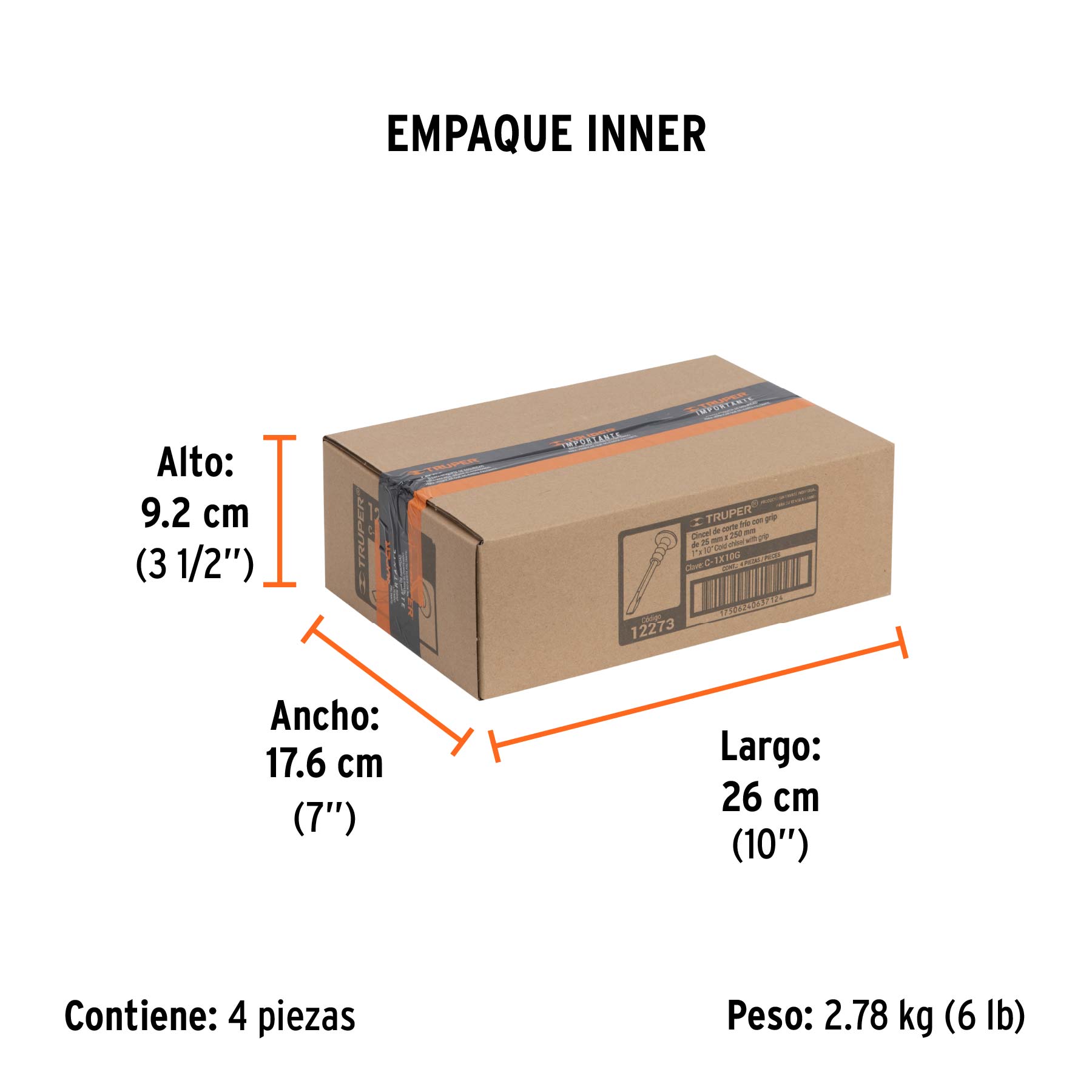 Cincel de corte frío 1 x 10" con grip, TRUPER - Empaque