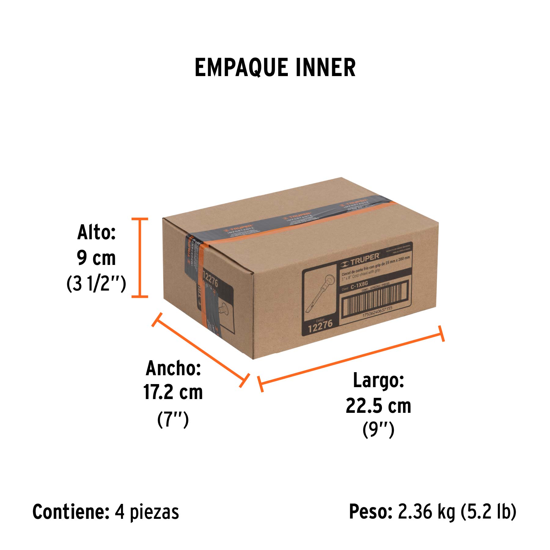 Cincel de corte frío 1 x 8" con grip, TRUPER - Empaque