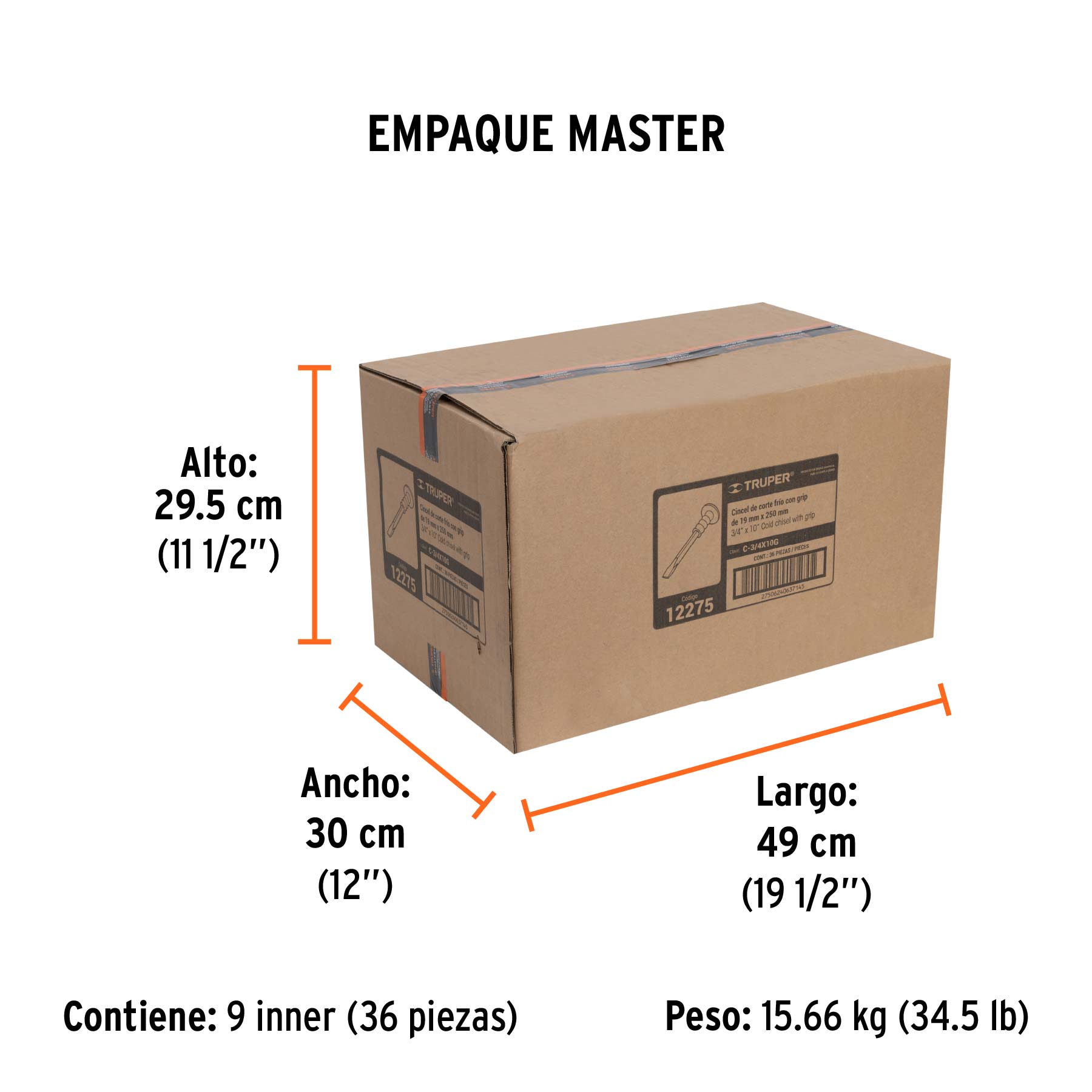 Cincel de corte frío 3/4 x 10" con grip, TRUPER - Empaque