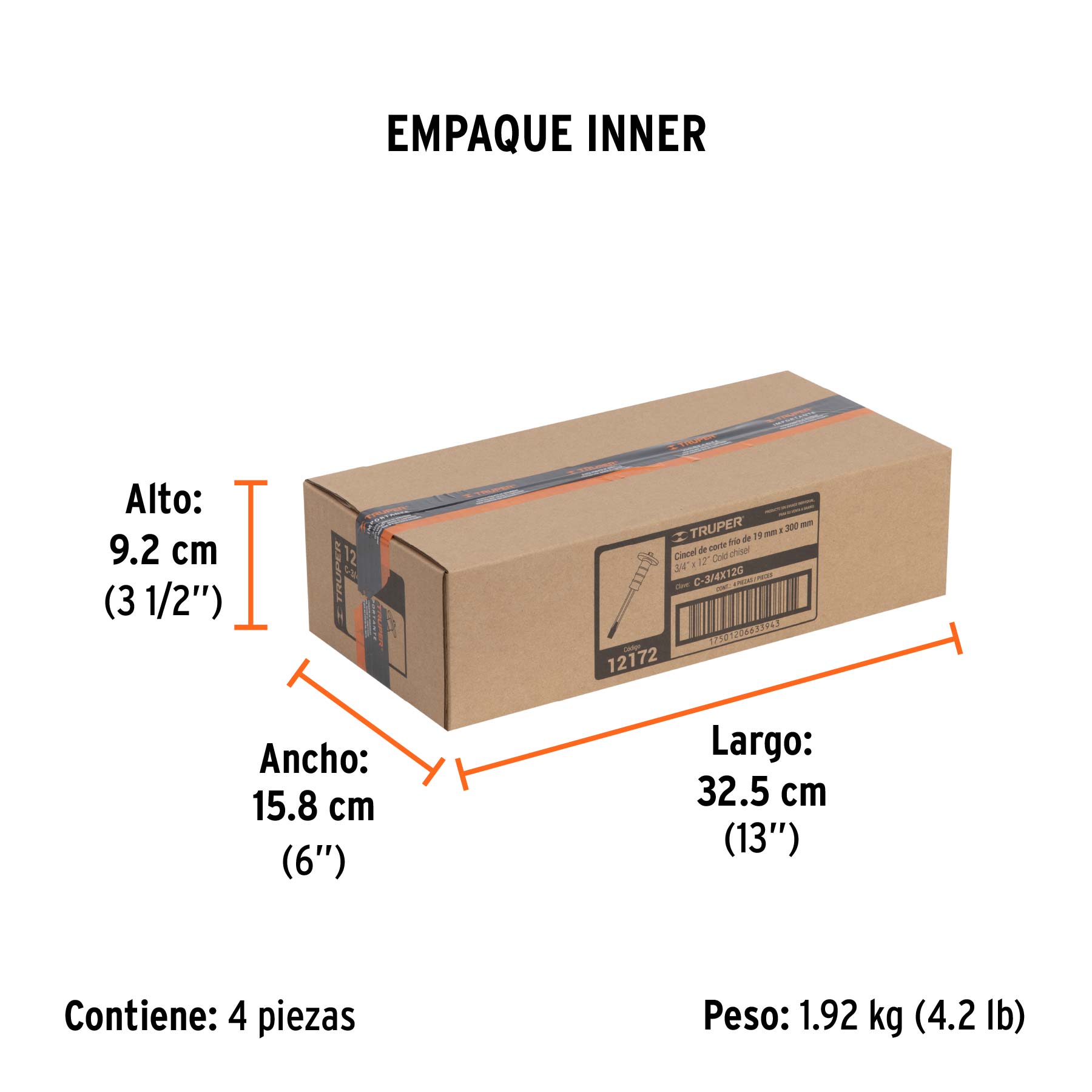 Cincel de corte frío 3/4 X 12" con grip, TRUPER - Empaque