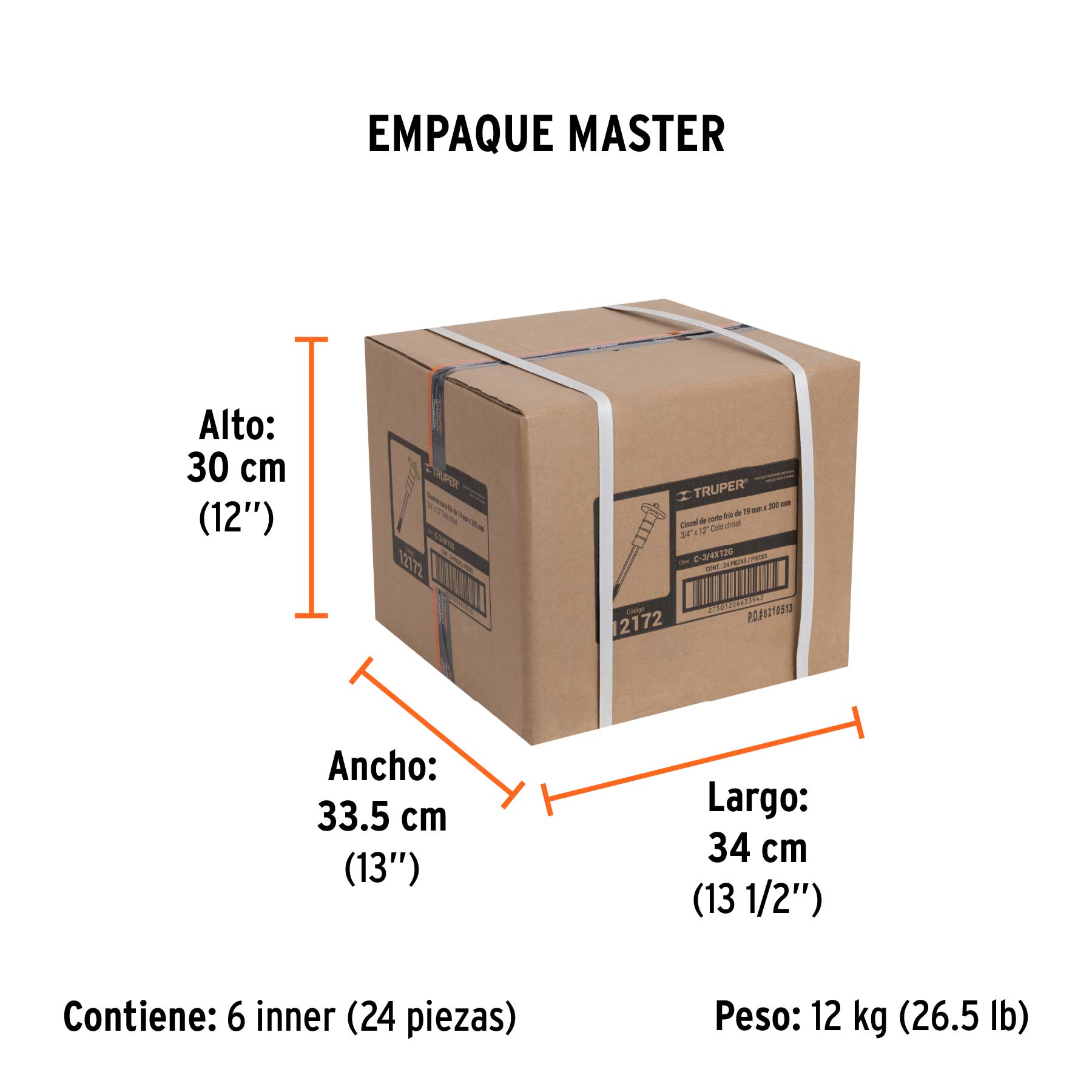Cincel de corte frío 3/4 X 12" con grip, TRUPER - Empaque