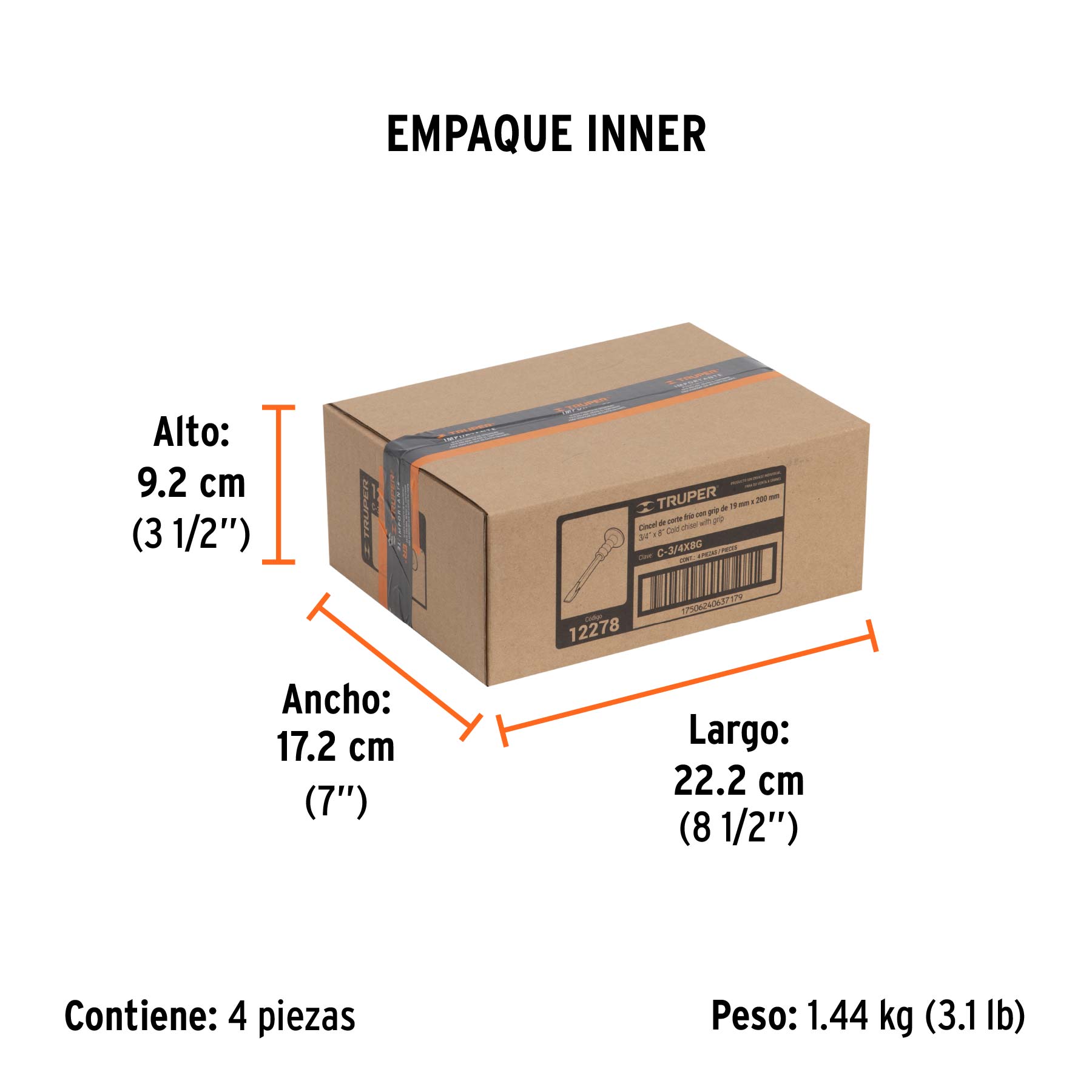 Cincel de corte frío 3/4 x 8" con grip, TRUPER - Empaque