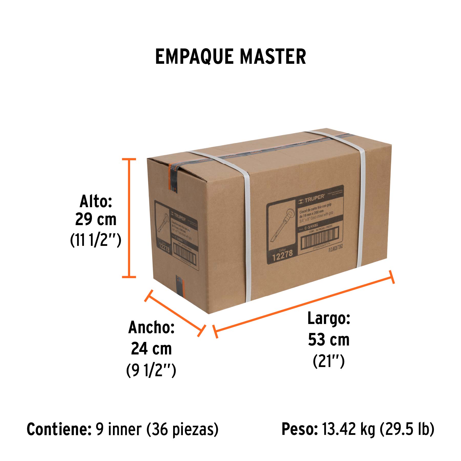 Cincel de corte frío 3/4 x 8" con grip, TRUPER - Empaque